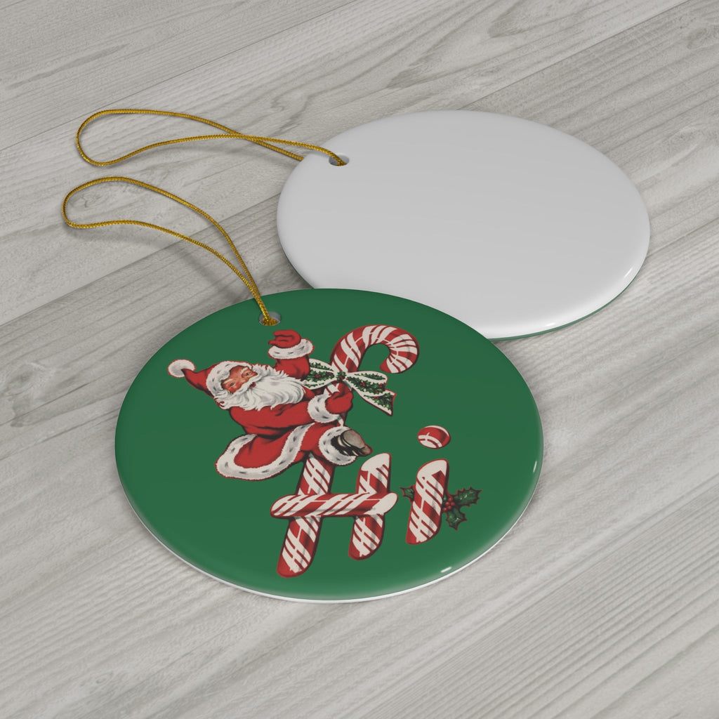 Hi Santa On Candy Canes Mid Century Retro Christmas Print Ceramic Ornament