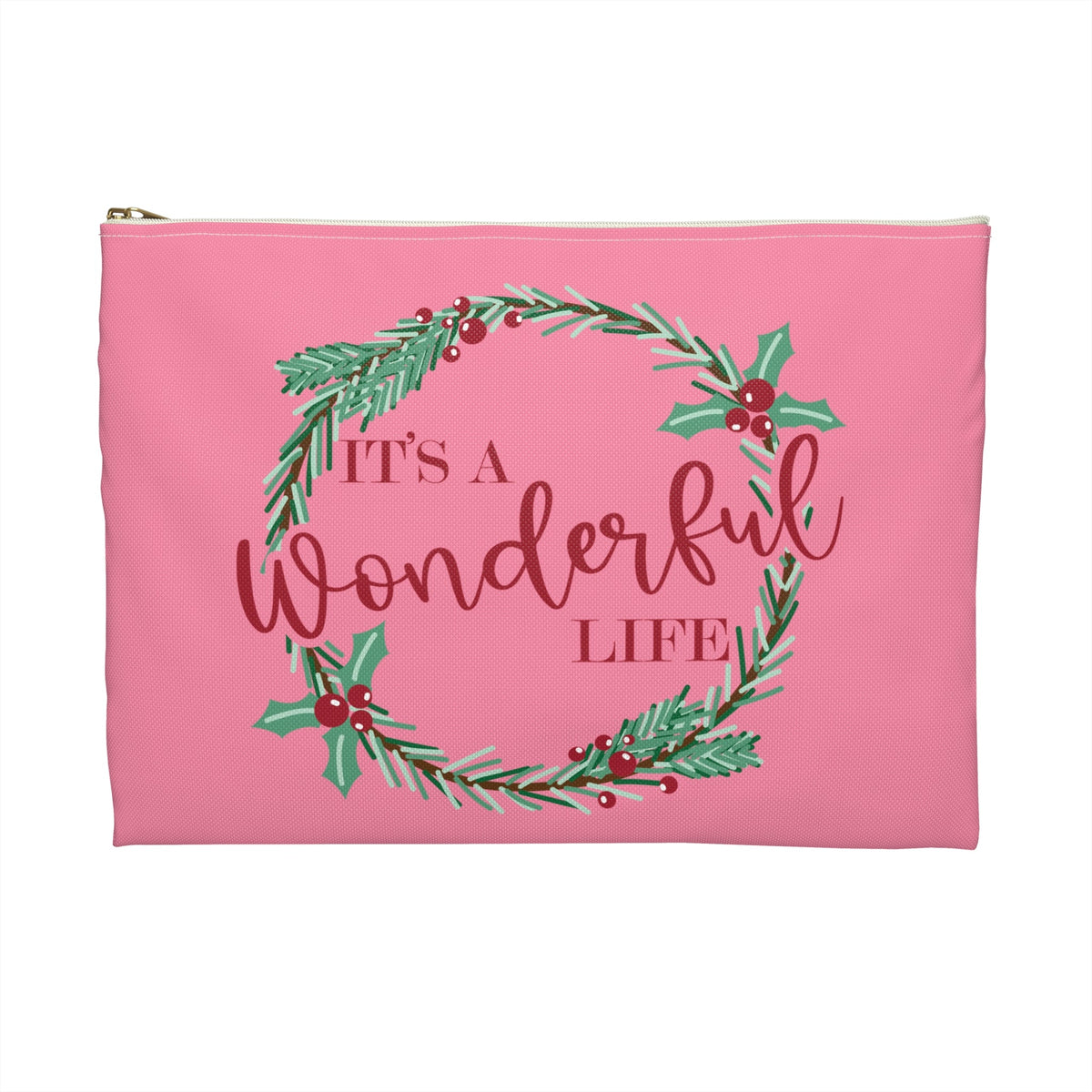 It's A Wonderful Life Wreath Pink Retro Style Christmas Print Polyester Accessory Pouch Travel Bag