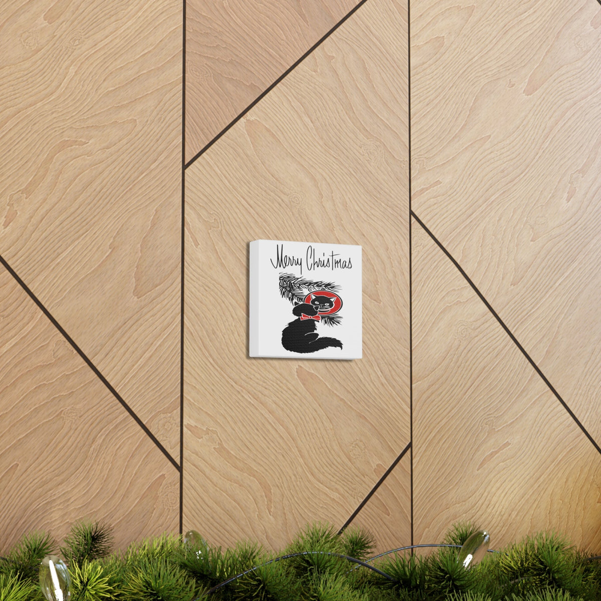 Merry Christmas Black Cat Retro Print Canvas Gallery Wrap