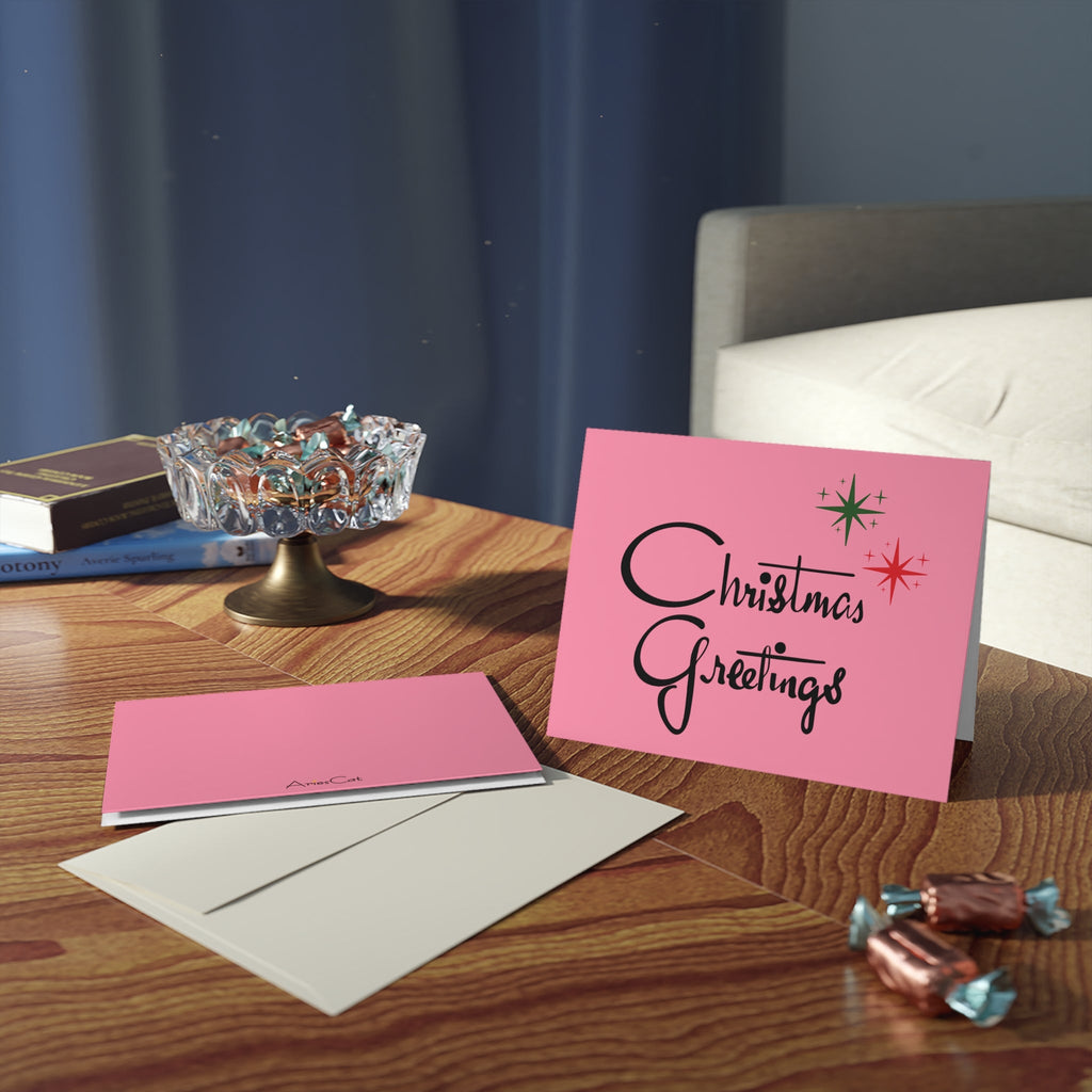 Christmas Greetings Starburst Atomic Mid Century Retro Christmas Style Pink Matte Greeting Cards (8, 16, and 24 pcs)