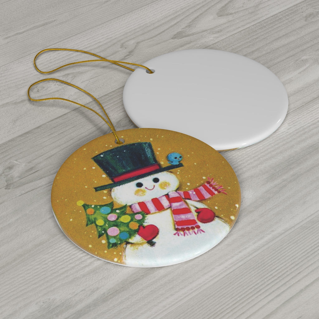 Snowman With Tree And Bluebird Mod Retro Christmas Print Ceramic Ornament