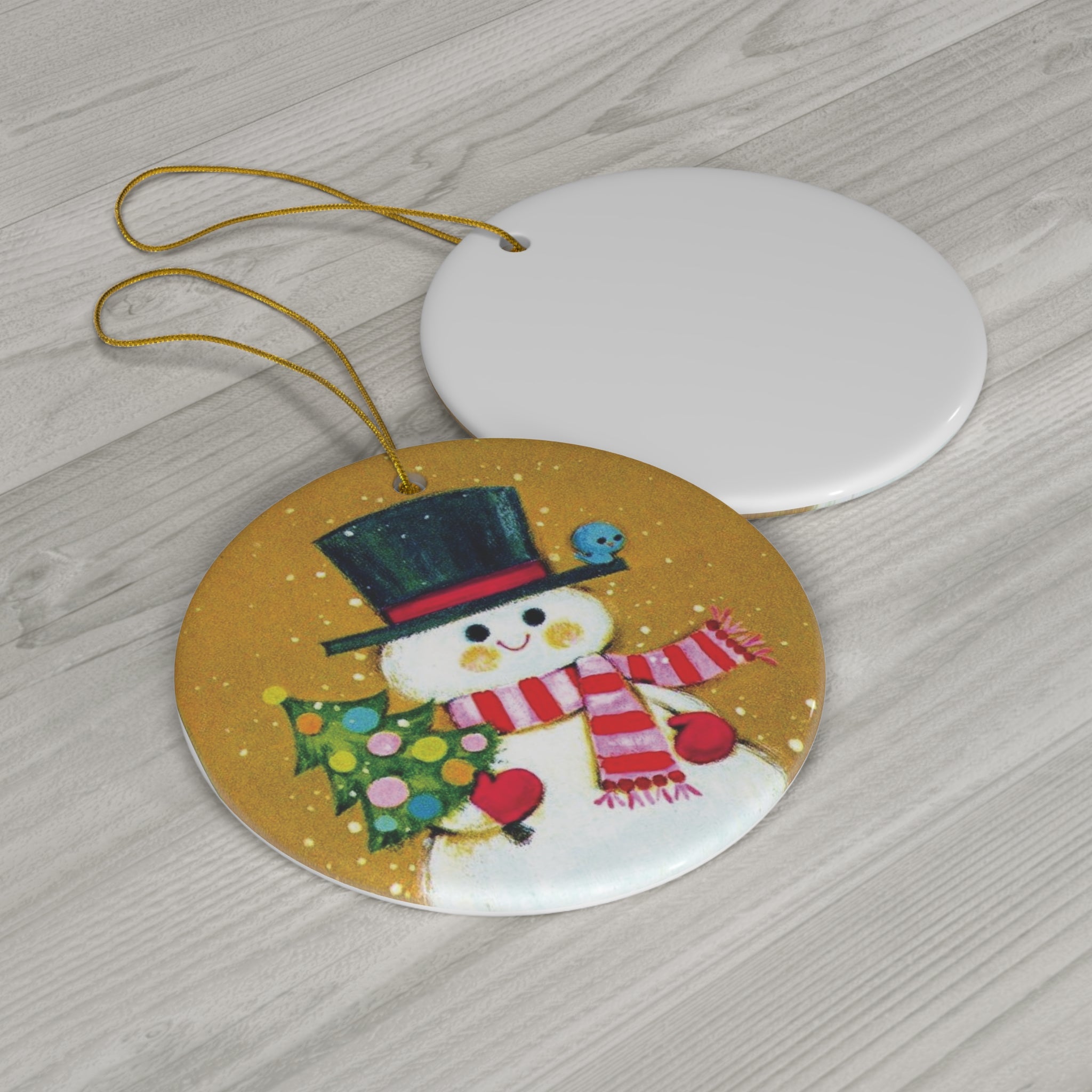 Snowman With Tree And Bluebird Mod Retro Christmas Print Ceramic Ornament