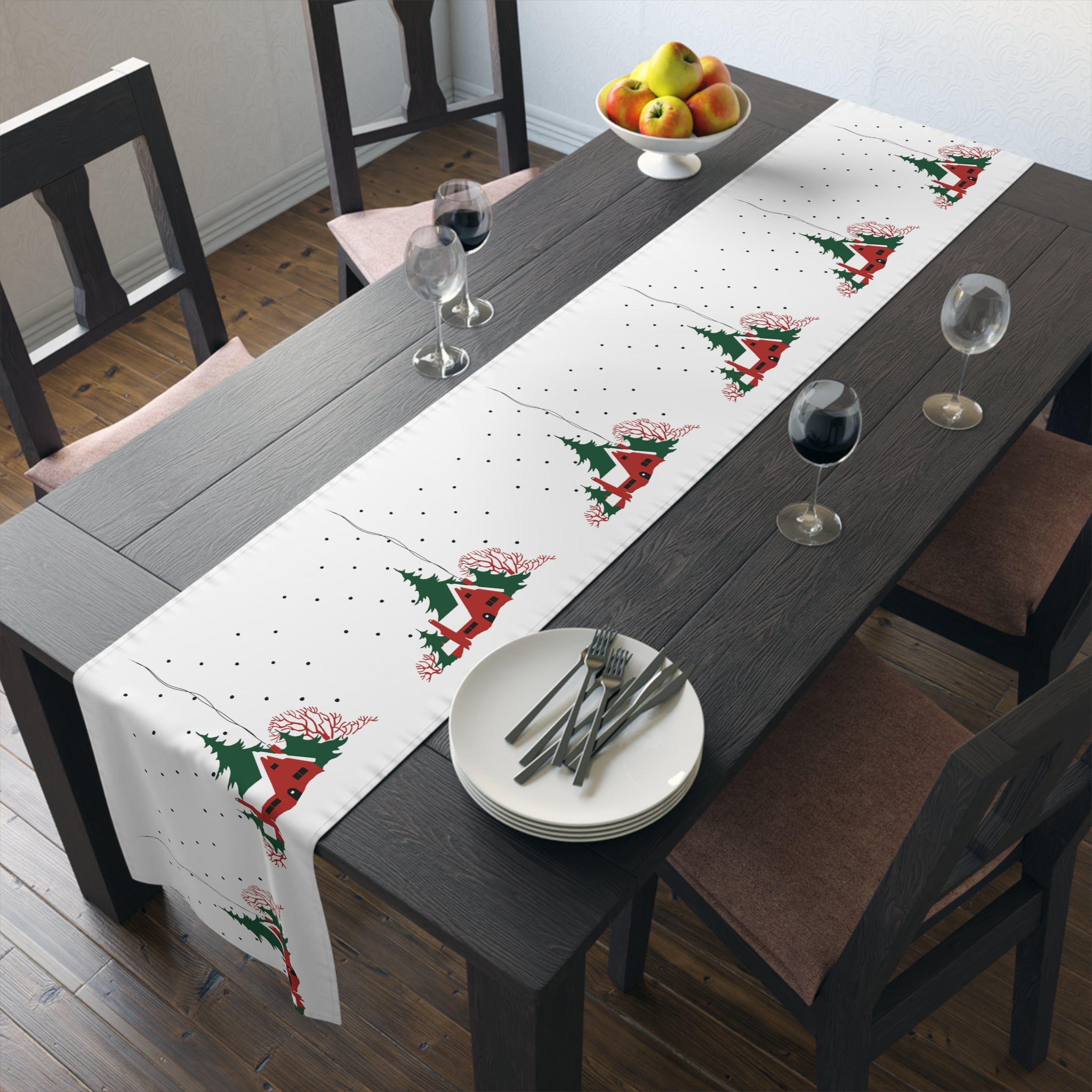 Cozy Christmas Home In Snow Mid Century Retro Christmas Print Home Decor Cotton Poly Table Runner