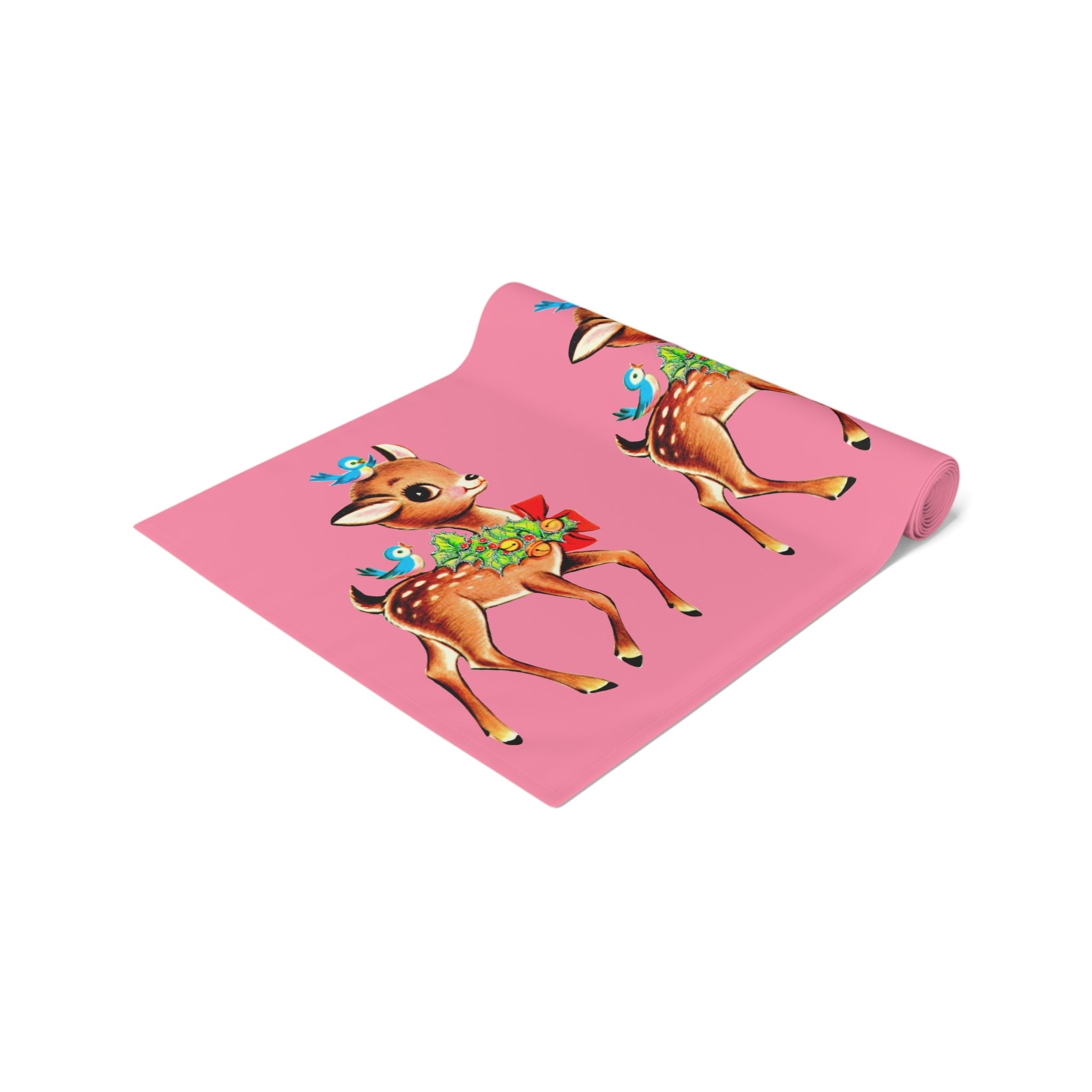 Reindeer With Bluebirds Retro Christmas Pink Polyester Table Runner