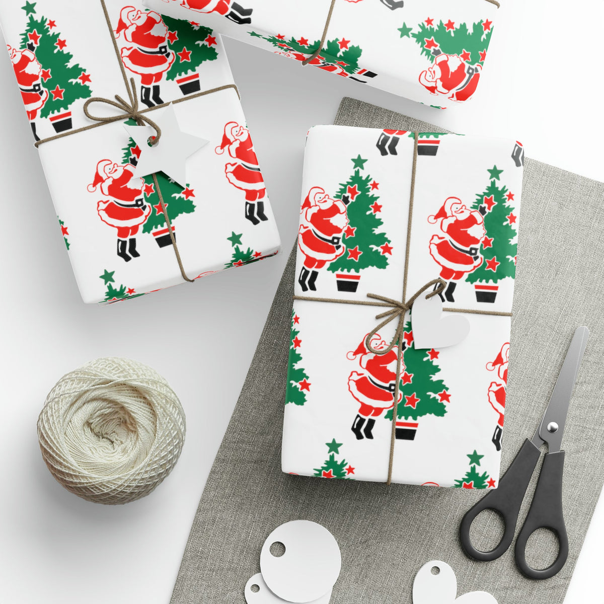 Vintage Santa Decorating Tree Mid Century Retro Christmas Print Holiday Gift Wrap Paper - Glossy Or Matte