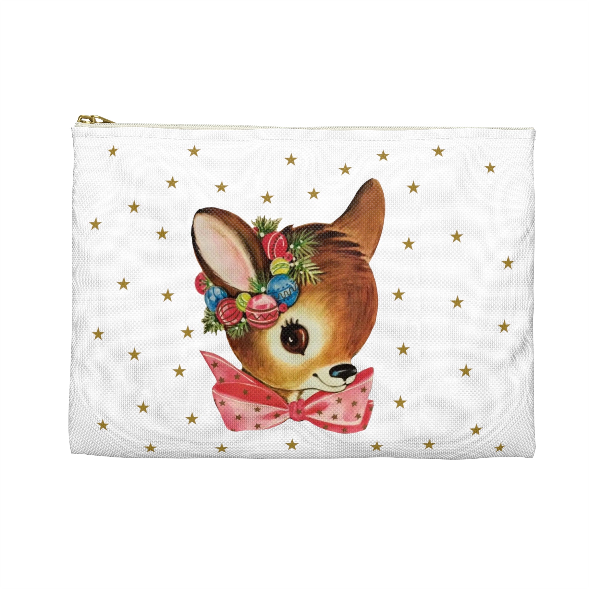 Reindeer Gold Stars Mid Century Retro Christmas Print Polyester Accessory Pouch Travel Bag
