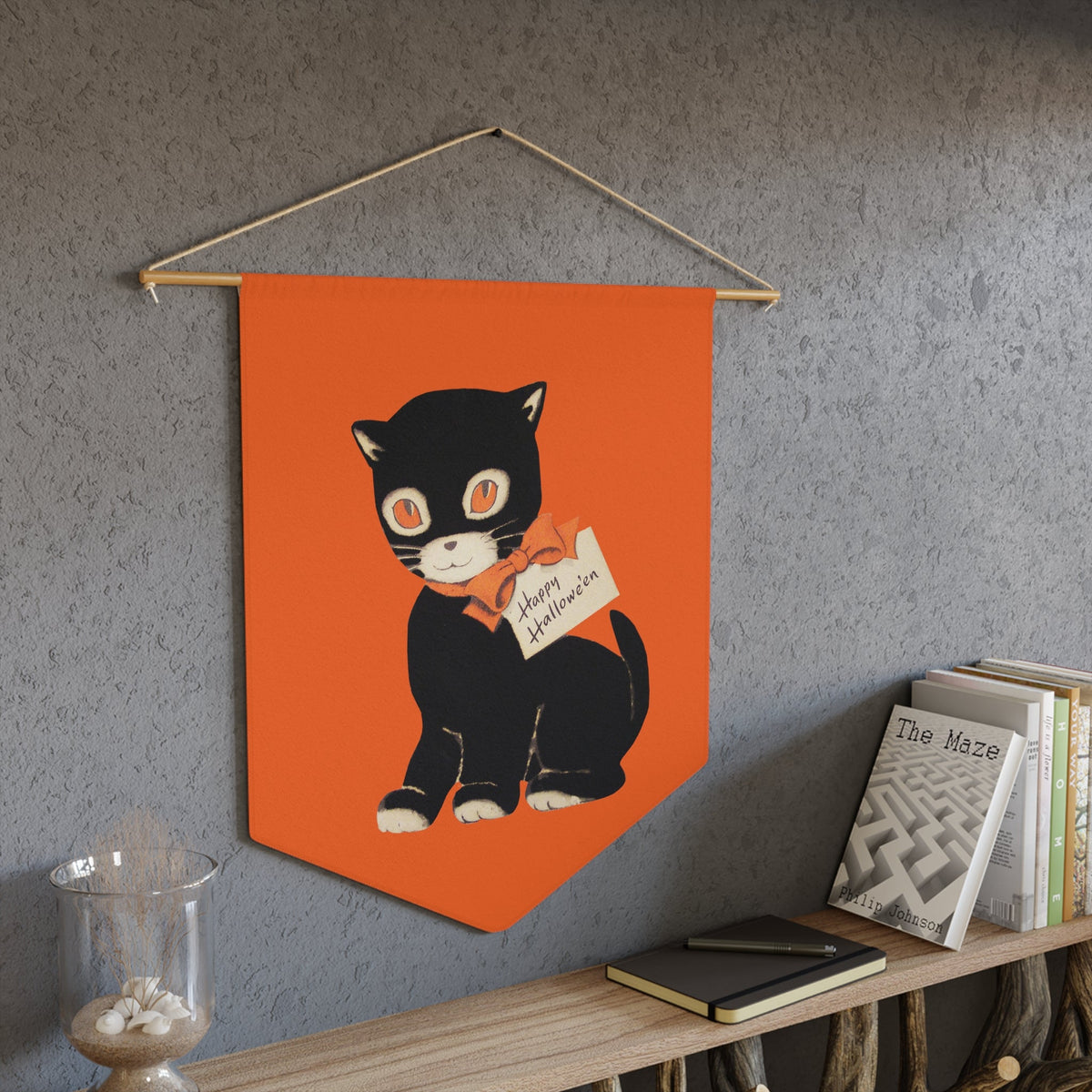 Happy Halloween Black Cat Retro Halloween Print Style Decor Print Wall Hanging Banner Flag