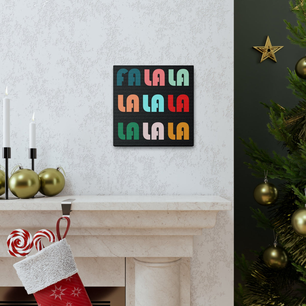 Fa La La La Christmas Retro Style  Black Canvas Gallery Wraps