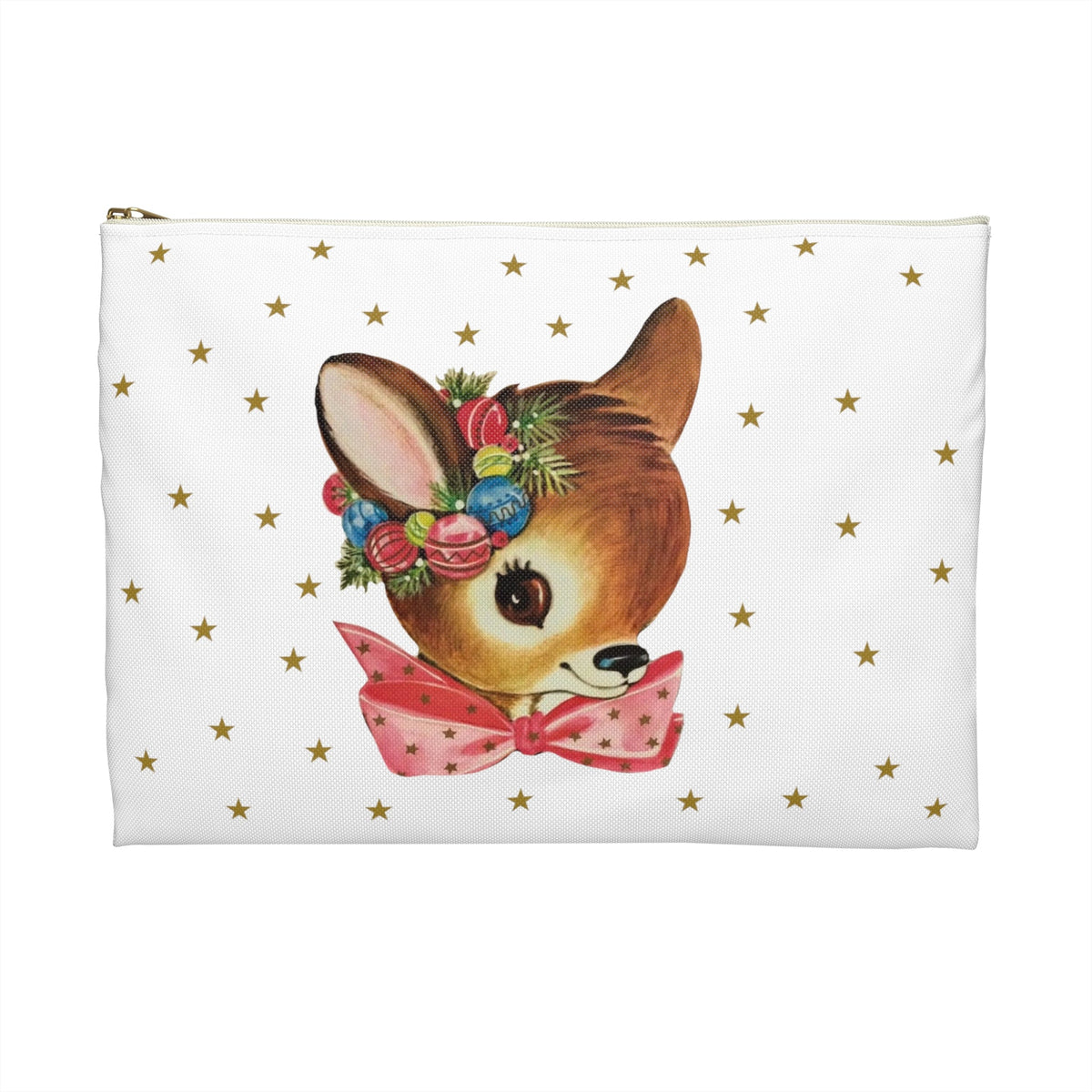 Reindeer Gold Stars Mid Century Retro Christmas Print Polyester Accessory Pouch Travel Bag