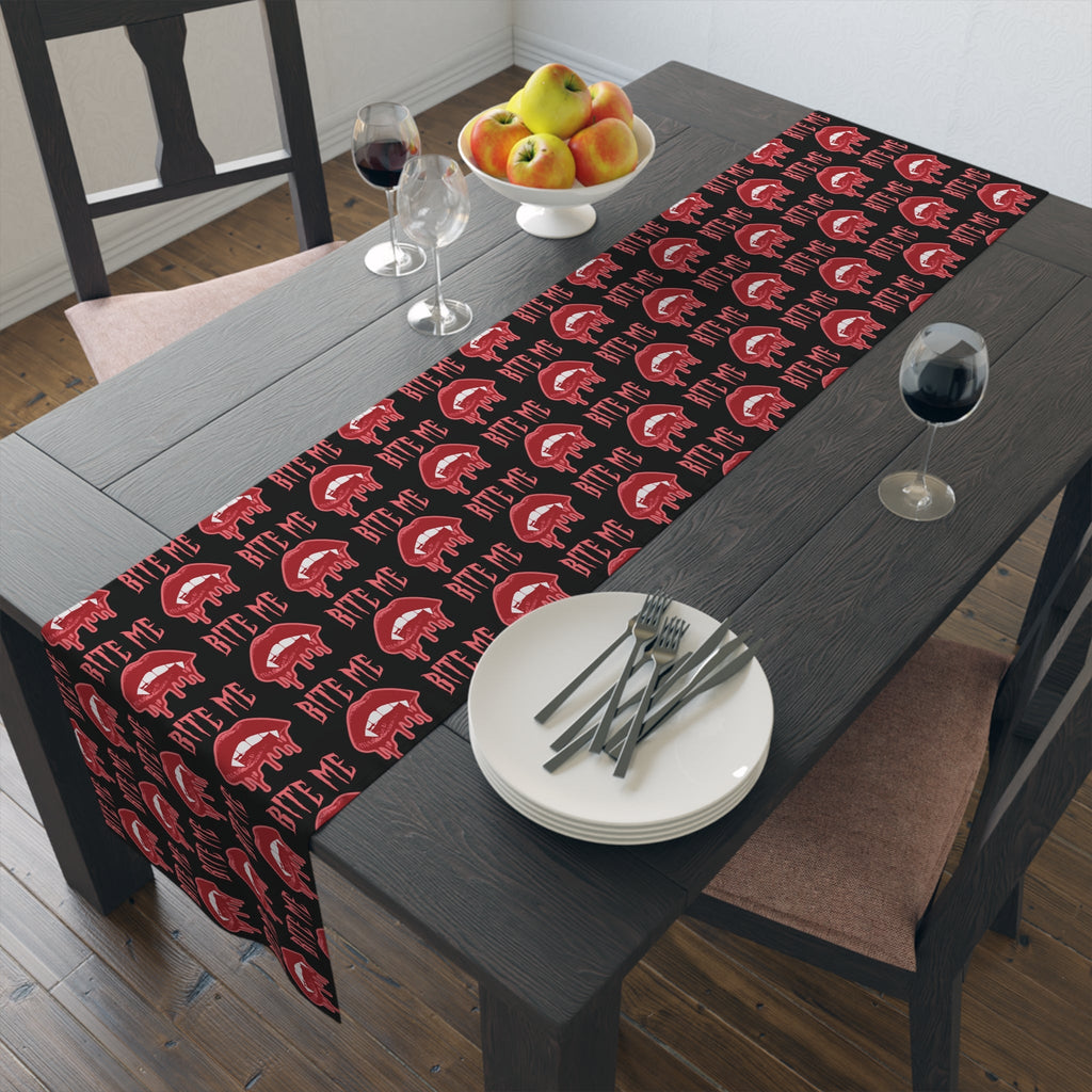 Bite Me Vampire Fangs Bloody Halloween Black Decor Cotton Poly Table Runner
