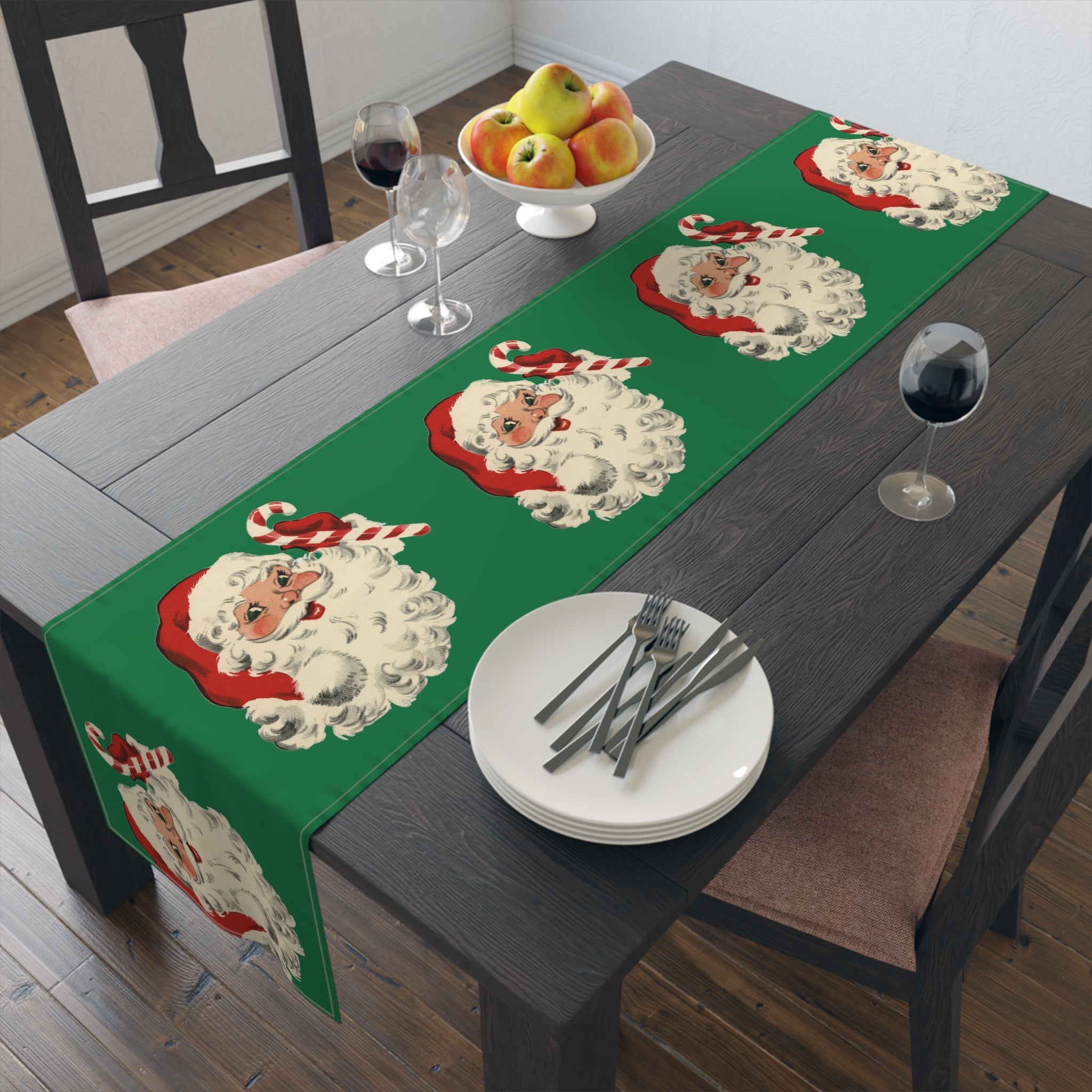 Santa With Candy Cane Retro Christmas Print Home Decor Cotton Table Runner
