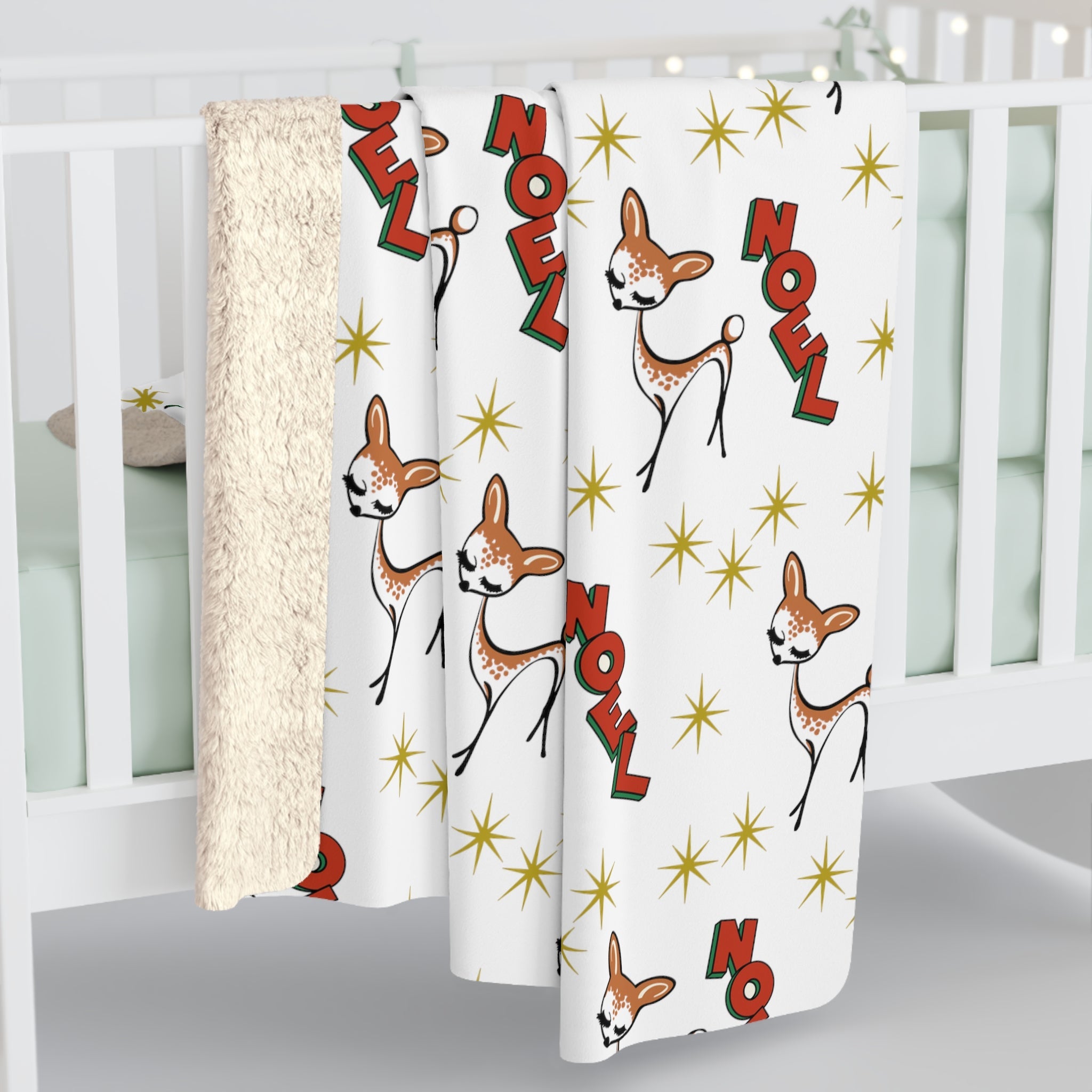 Noel Reindeer Atomic Mid Century Retro Style Sherpa Fleece Blanket