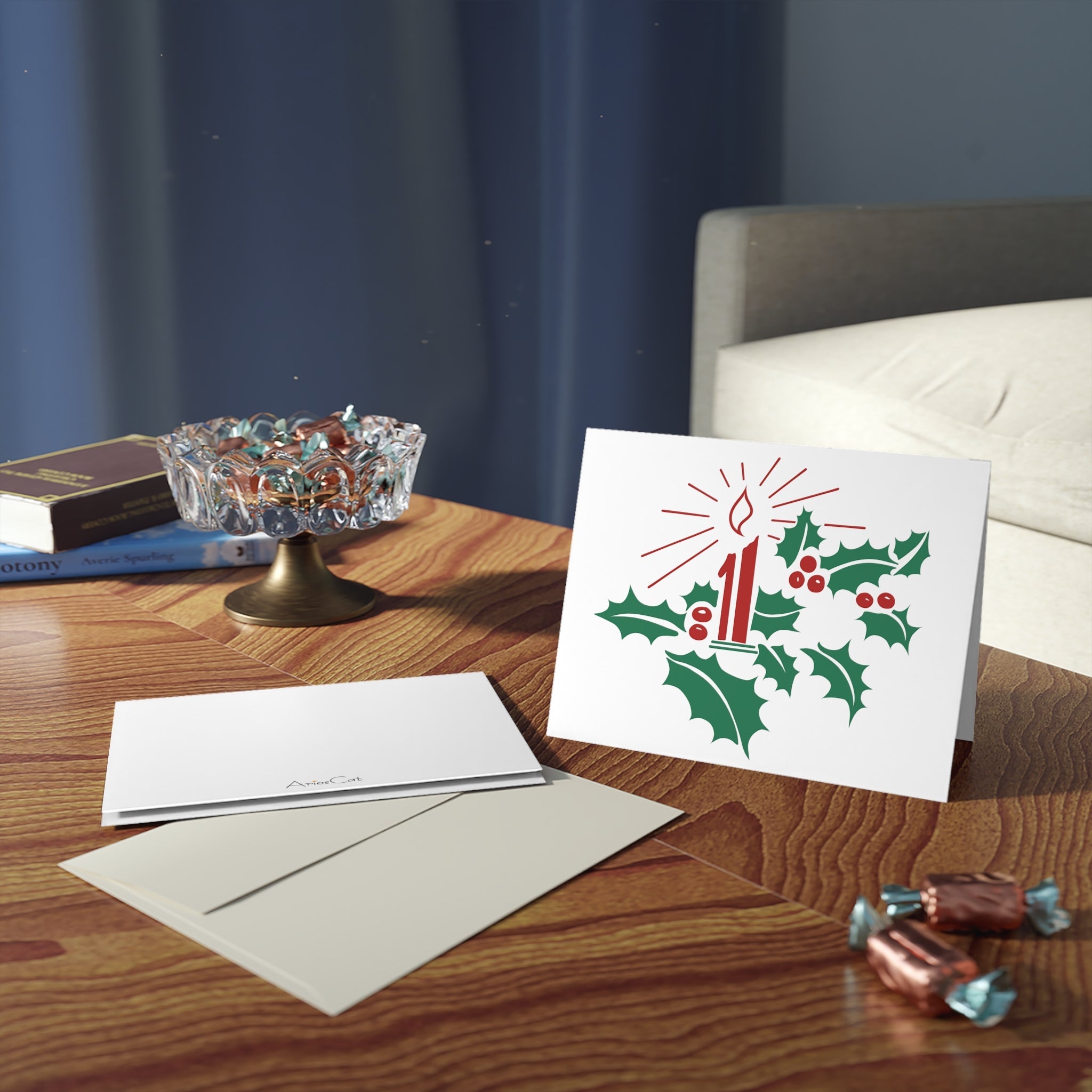 Christmas Candle And Holly Mid Century Retro Christmas Style Matte Greeting Cards (8, 16, and 24 pcs)