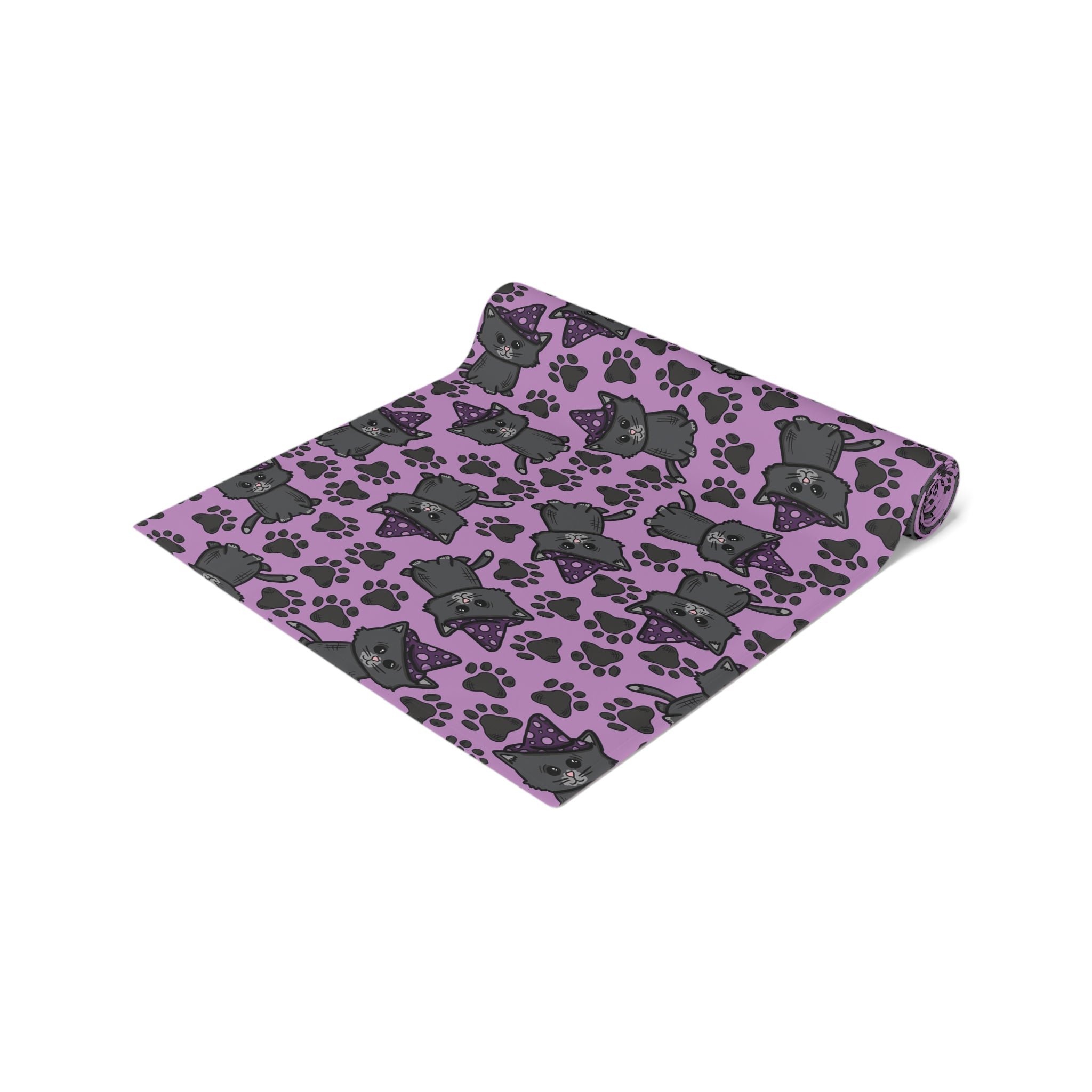Witchy Kitties Cute Halloween Print Fall Autumn Decor Purple Cotton Poly Table Runner
