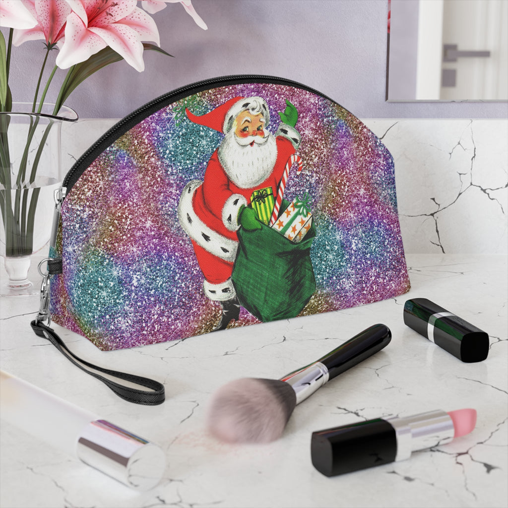Santa With His Sack Of Presents Glitter Background Mid Century Retro Christmas Print Cosmetic Travel Makeup Bag