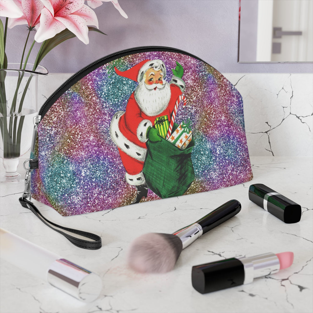Santa With His Sack Of Presents Glitter Background Mid Century Retro Christmas Print Cosmetic Travel Makeup Bag