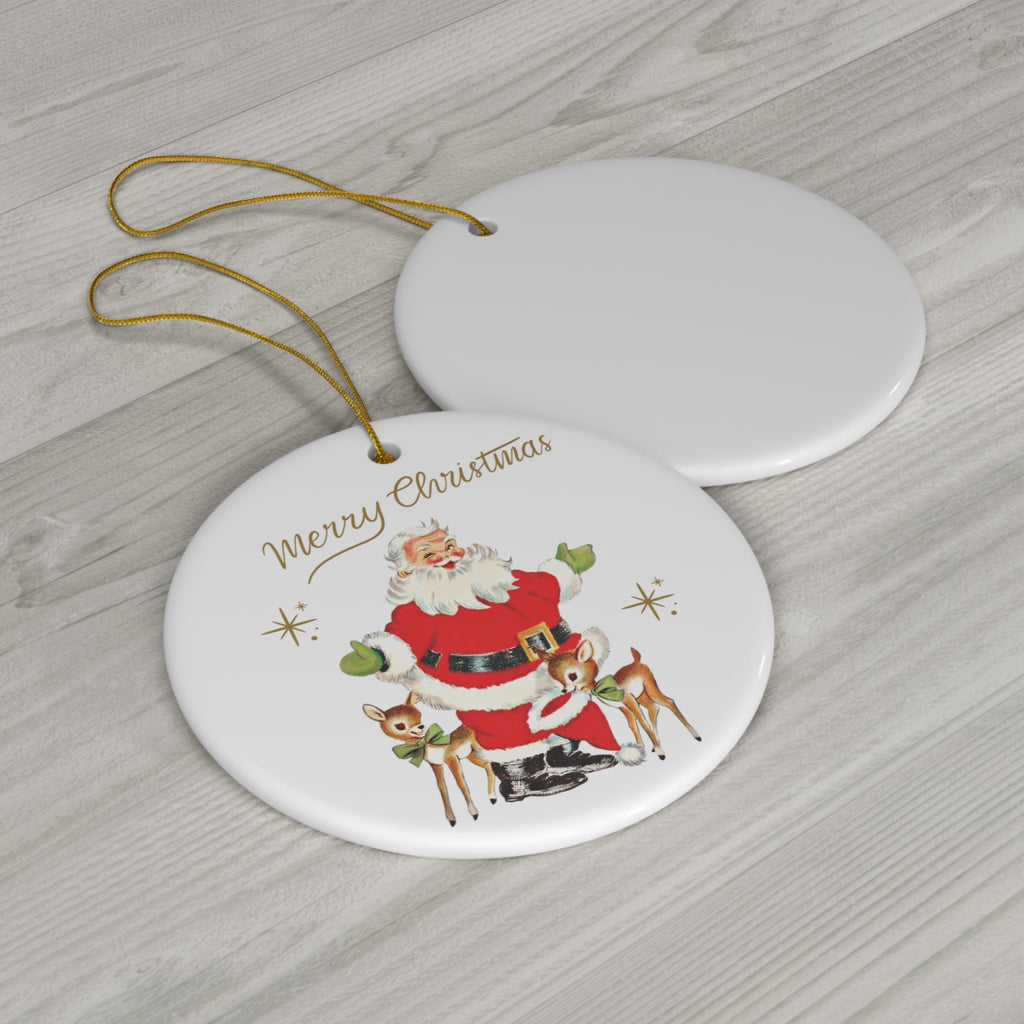 Merry Christmas Santa With Reindeer Gold Stars Mid Century Retro Christmas Print Ceramic Ornament