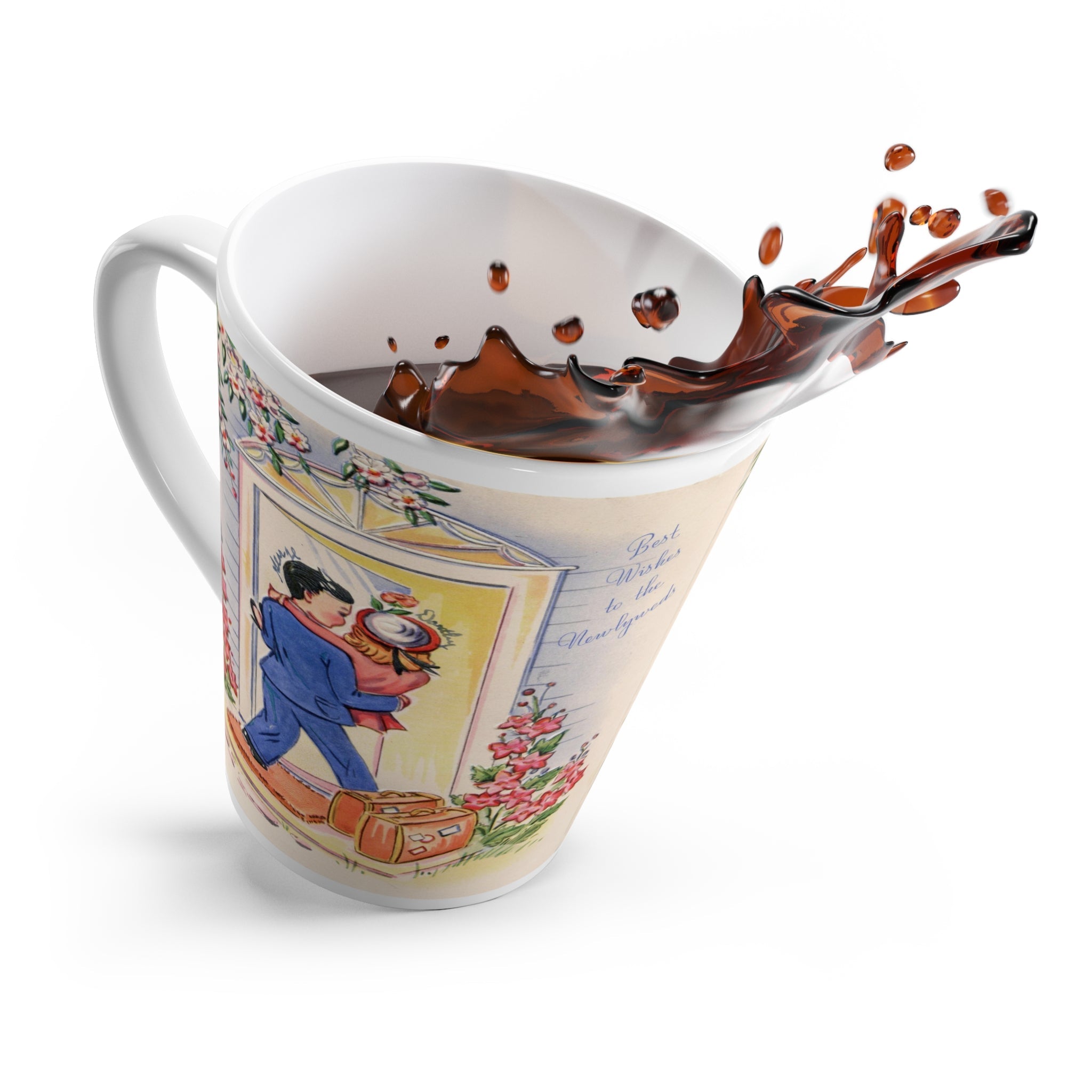 Midcentury New Beginnings: Retro Couple Crossing Threshold Latte Mug - Ideal Wedding & Housewarming Gift