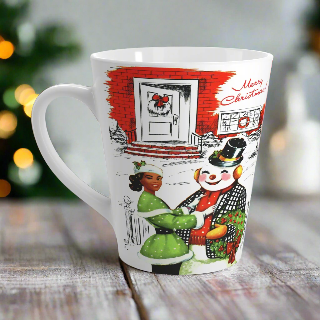 Merry Christmas Lady With Snowman Retro Latte Coffee Mug