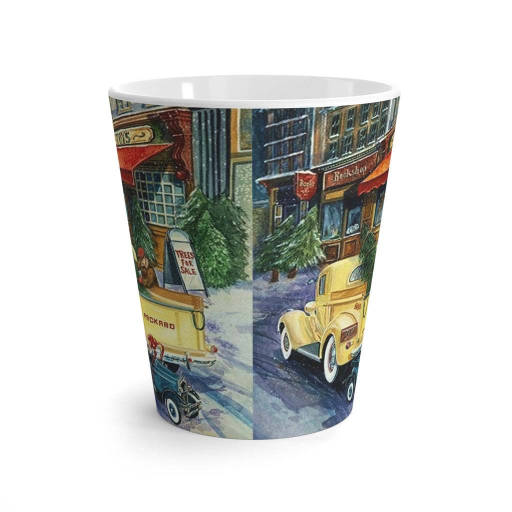 Yellow Christmas Truck In Front Of Town Toystore Retro Christmas Print Latte Coffee Mug