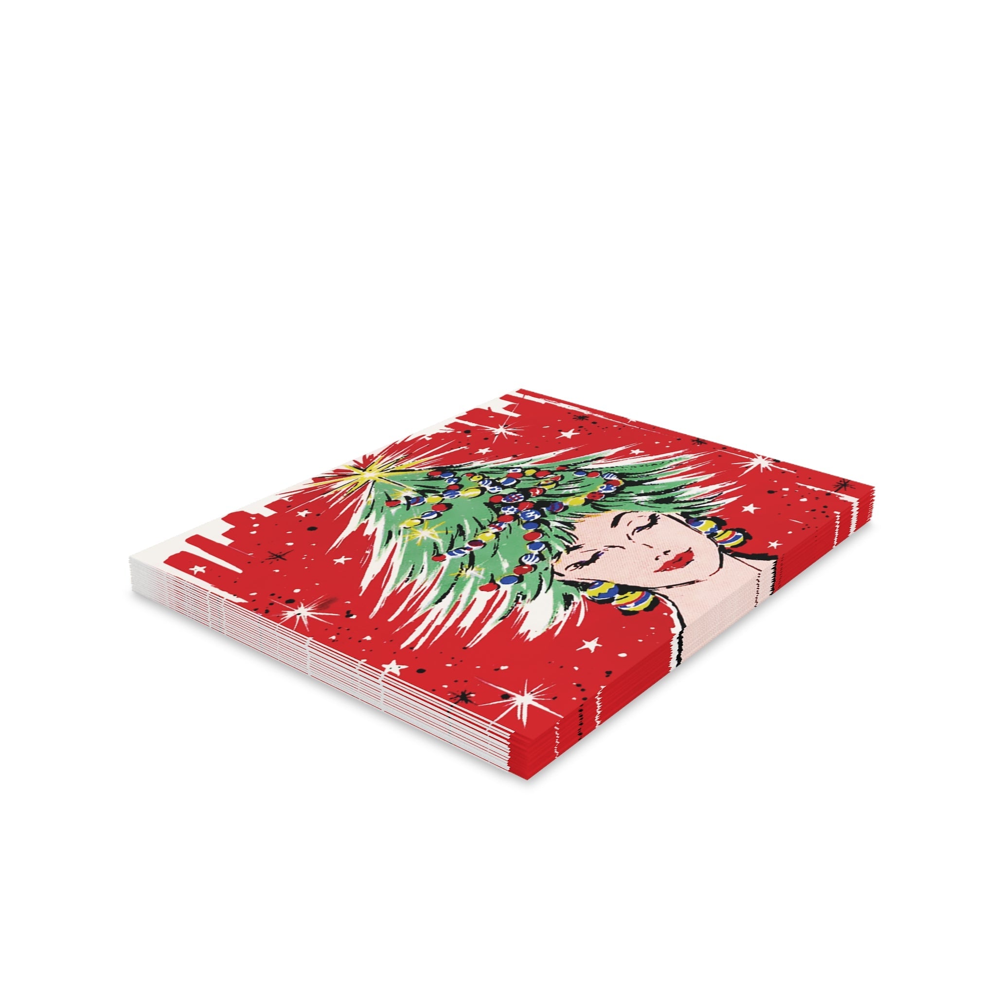 Christmas Tree Hat Lady Mid Century Retro Christmas Print Matte Greeting Cards (8, 16, and 24 pcs)