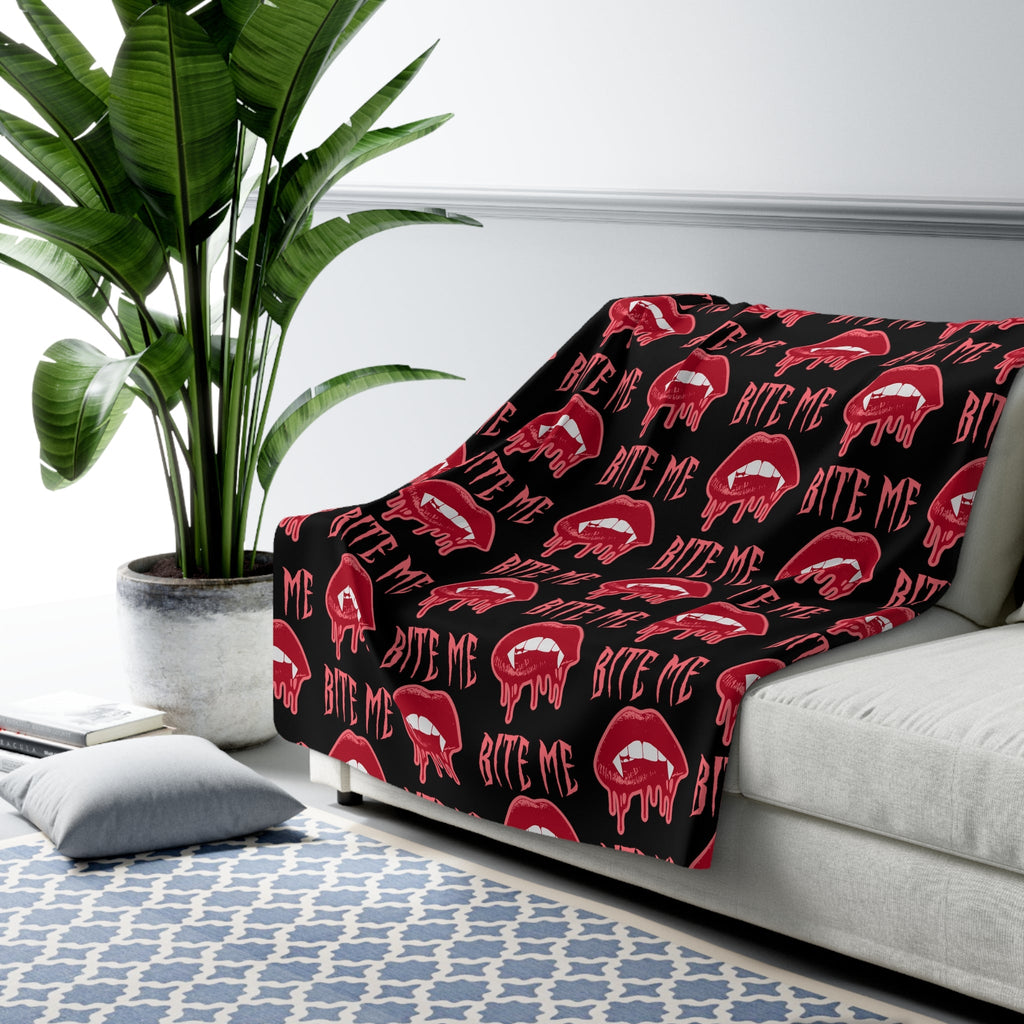 Bite Me Vampire Fangs Halloween Fall Autumn Sherpa Fleece Blanket