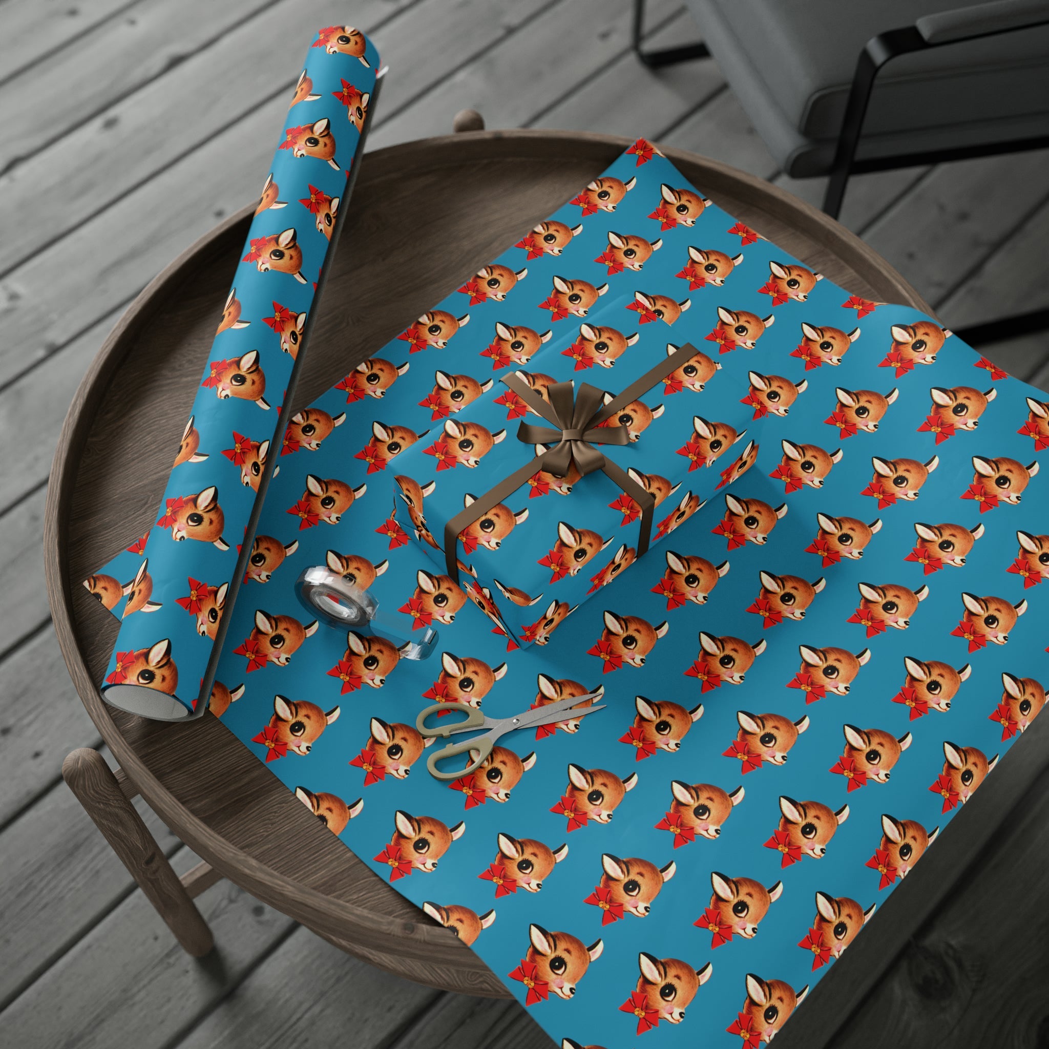 Reindeer With Bow Blue Mid Century Retro Christmas Print Holiday Gift Wrap Paper - Glossy Or Matte