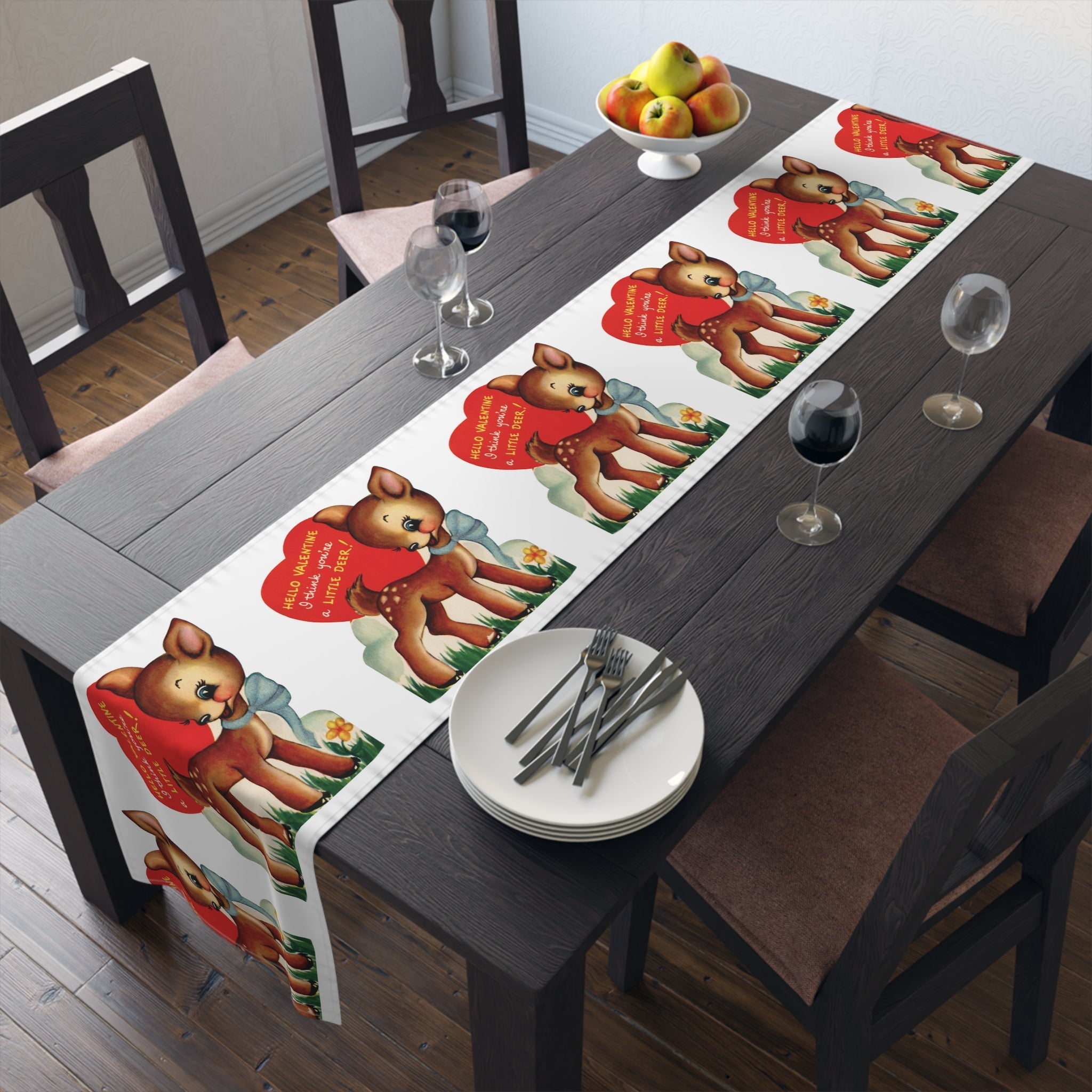 Retro Deer Valentine Table Runner - Adorable Print in Natural Cotton or Quick-Dry Polyester - 16"x72" or 16"x90" Sizes