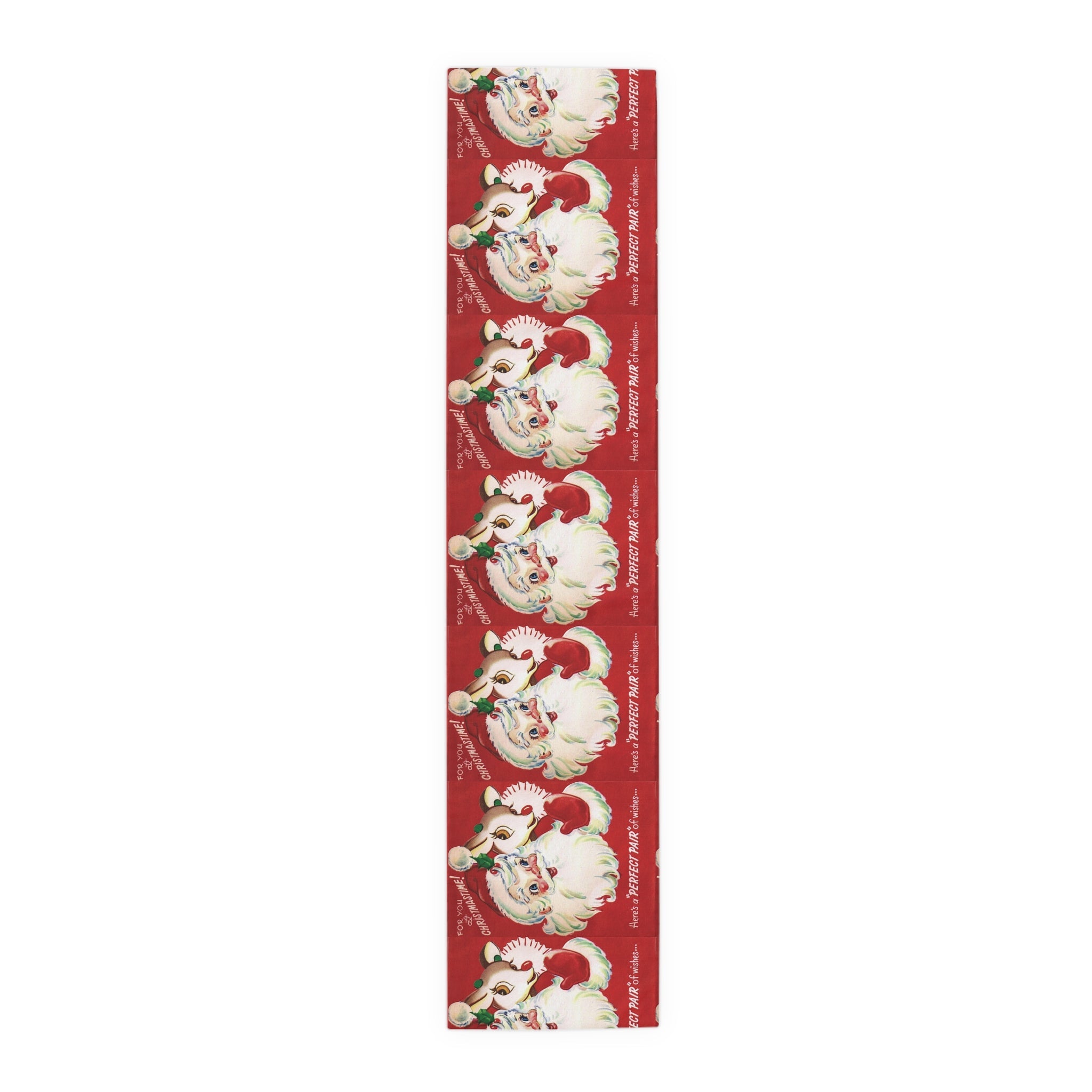 For You At Christmastime Santa And Rudolph Red Retro Christmas Print Home Decor Cotton Poly Table Runner