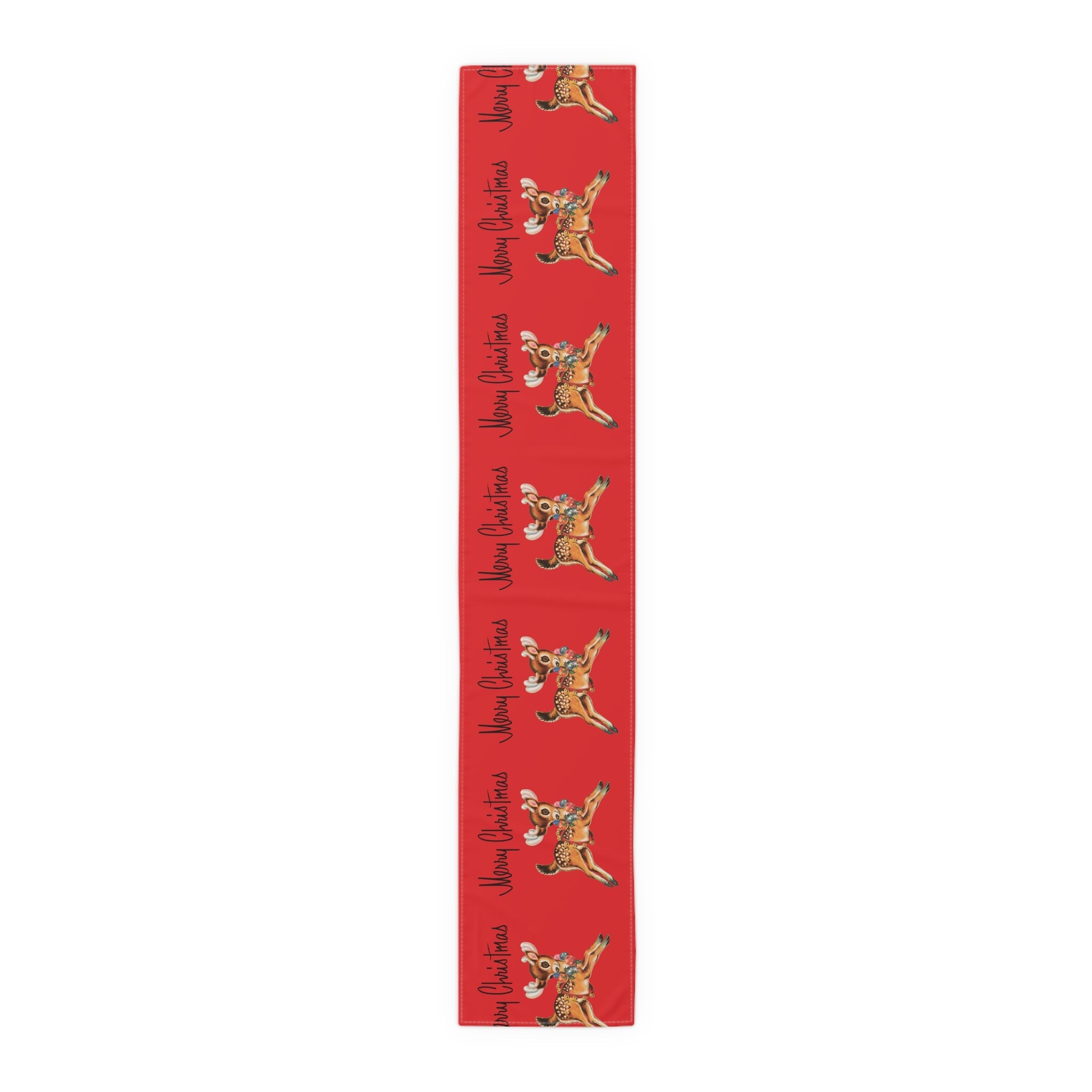Merry Christmas Reindeer Mid Century Red Retro Christmas Print Home Decor Cotton Poly Table Runner