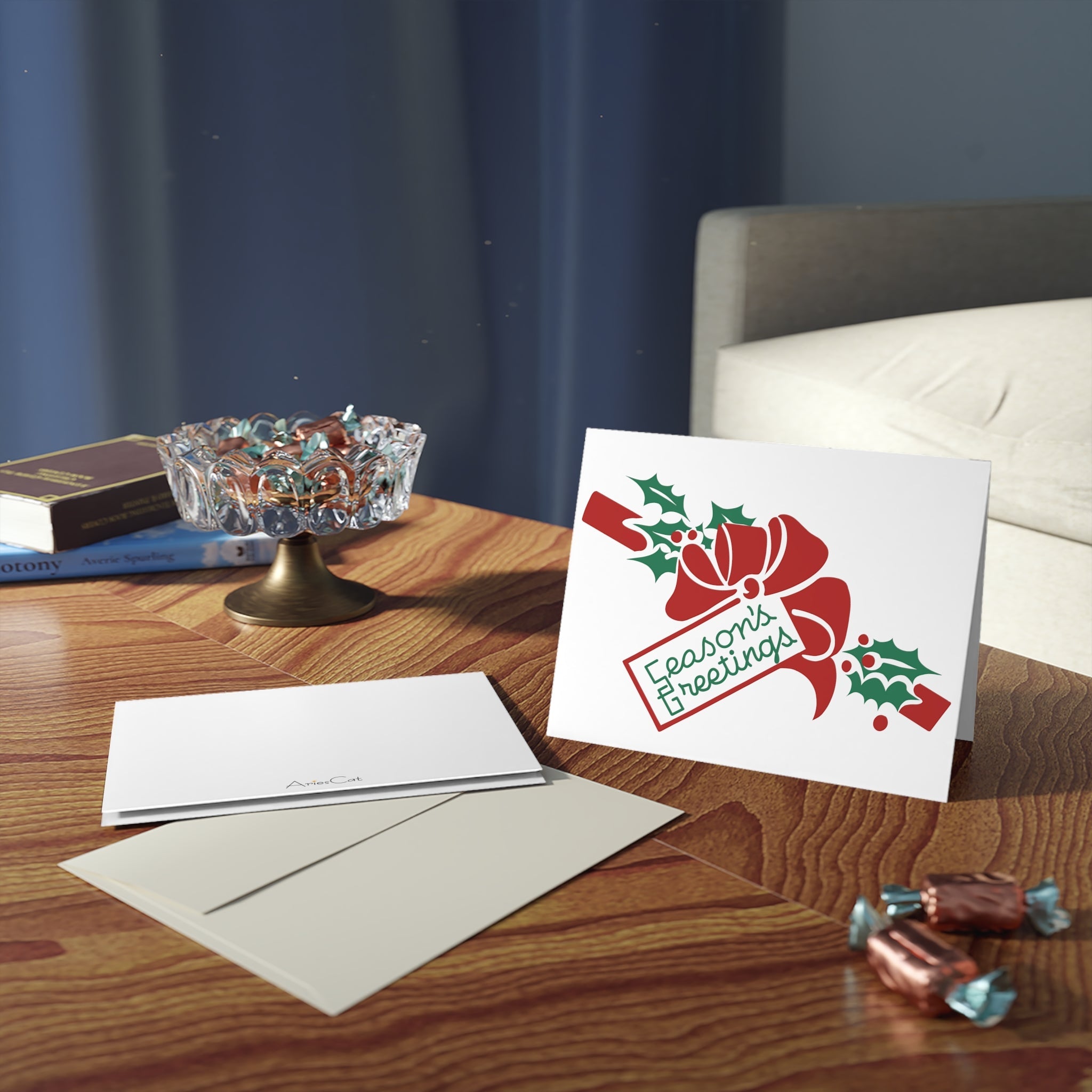 Season's Greetings Bow Holly Retro Christmas Print Matte Greeting Cards (8, 16, and 24 pcs)