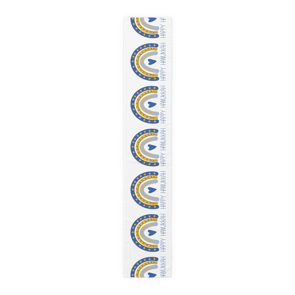 Happy Hanukkah Table Runner Blue Yellow Boho Rainbow Polyester Winter Unique Cozy Cute Holiday Kitchen Dining Decor Linen