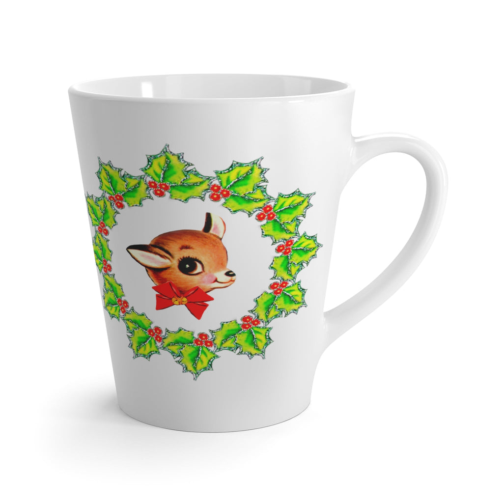 Christmas Reindeer In Holly Berry Wreath Mid Century Retro Christmas Print Latte Mug