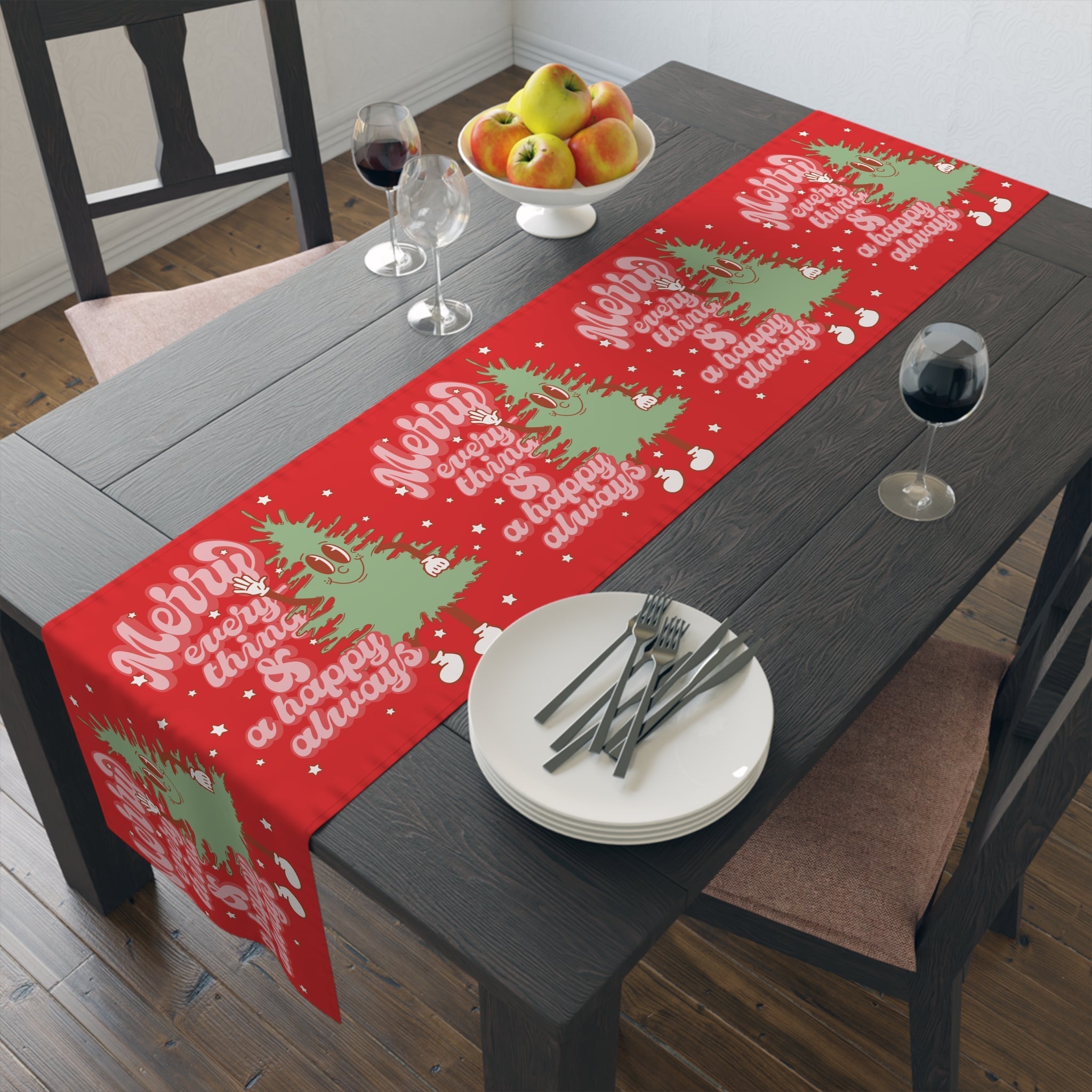 Merry Everything And A Happy Always Cute Christmas Tree Retro Style Red Christmas Decor Cotton Poly Table Runner