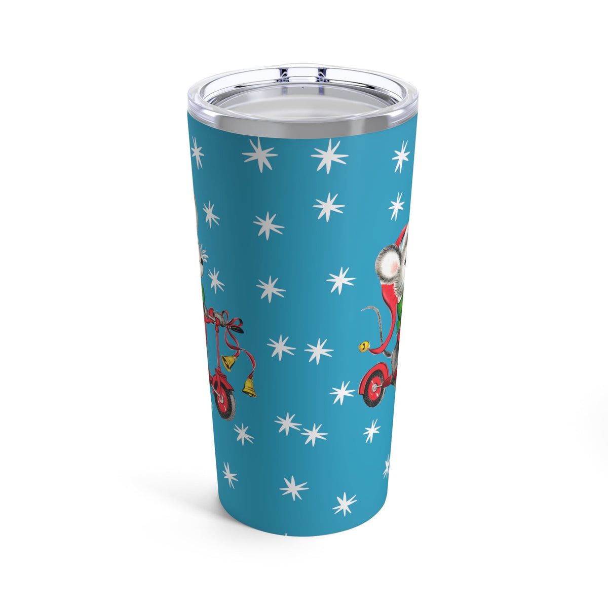 Christmas Mouse On Scooter Stars Bluee Mid Century Retro Christmas Print Stainless Steel Tumbler 20oz
