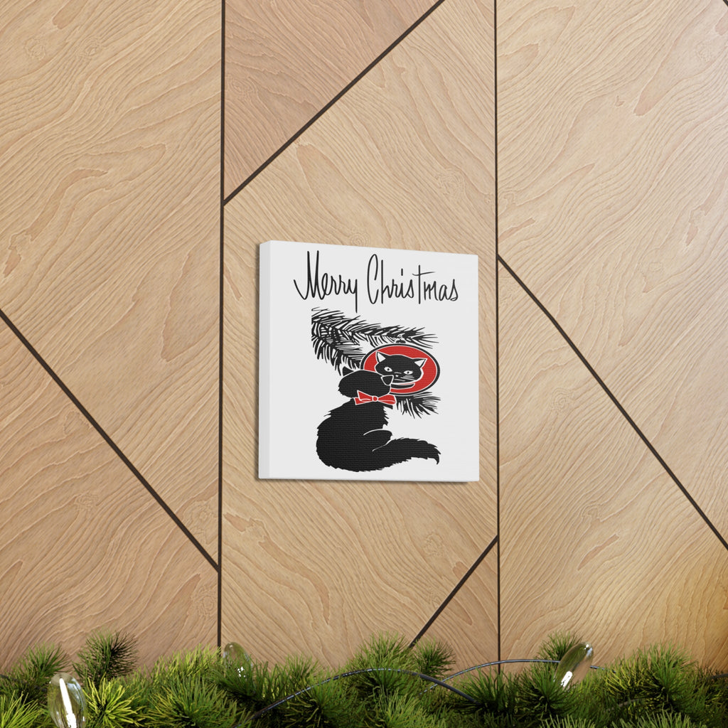 Merry Christmas Black Cat Retro Print Canvas Gallery Wrap