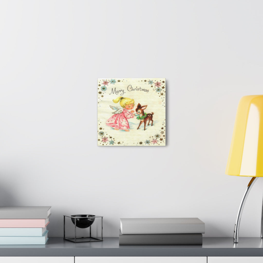 Merry Christmas Angel And Reindeer Retro Christmas Canvas Gallery Wrap