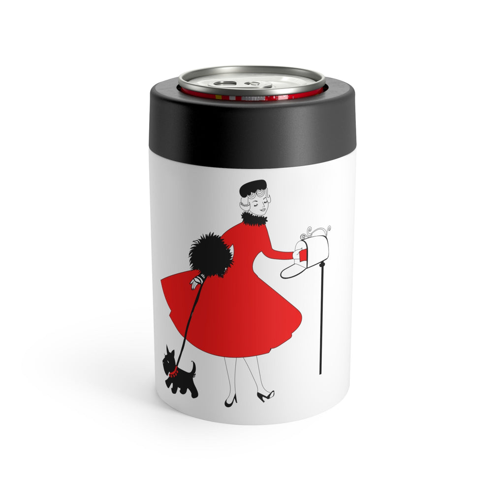 Christmas Lady With Black Scottie Dog At Mailbox Mid Century Retro Christmas Print Stainless Steel Can Holder