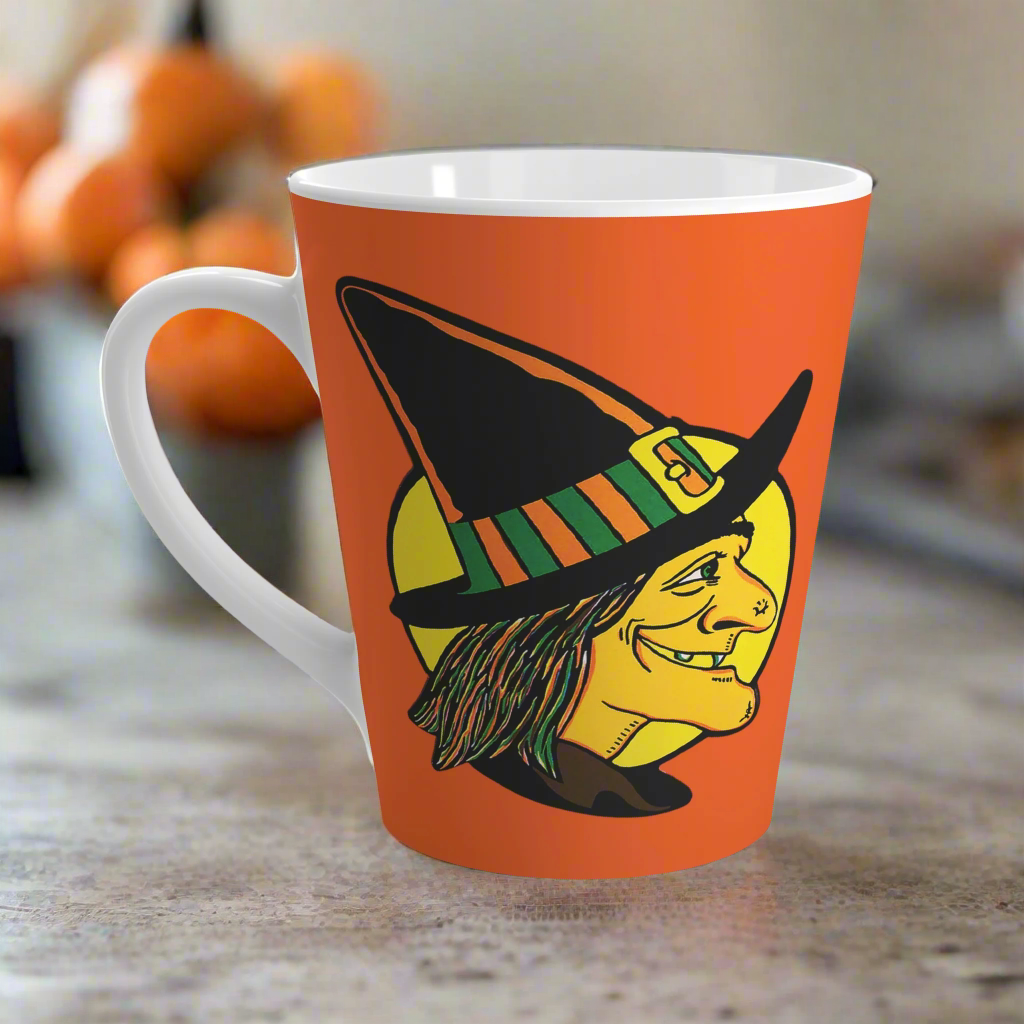Halloween Witch Orange Retro Halloween Print Latte Mug