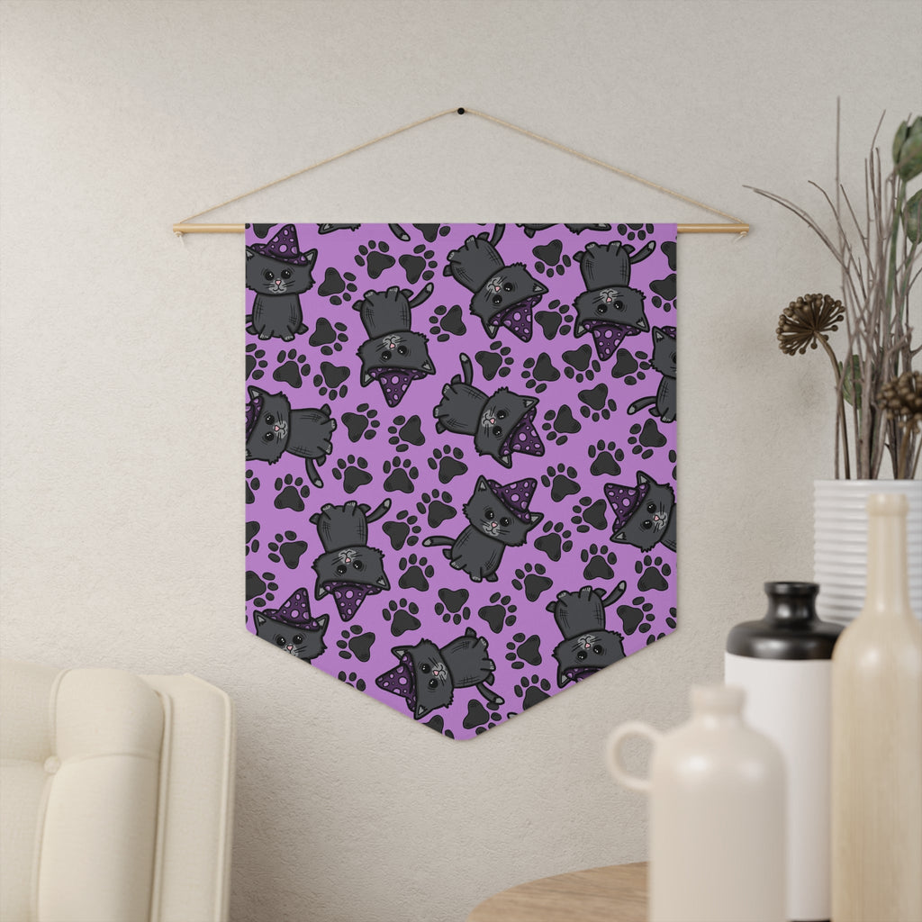 Witchy Kitties Purple Halloween Decor Print Wall Hanging Banner Flag