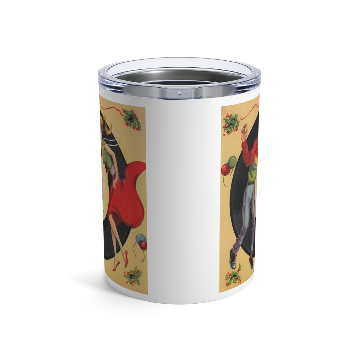 Merry Christmas Couple Kissing Under Mistletoe Record Retro Christmas Print Stainless Steel Tumbler 10oz