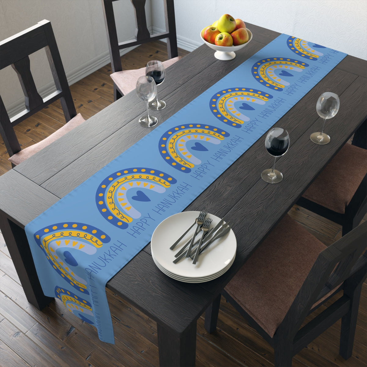 Happy Hanukkah Table Runner Blue Yellow Boho Rainbow Polyester Winter Unique Cozy Cute Holiday Kitchen Dining Decoration Linen