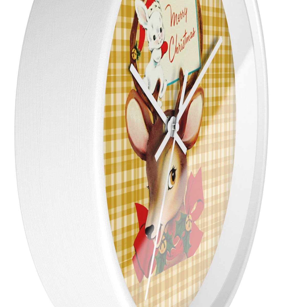 Merry Christmas Reindeer Bunny Plaid Retro Print White Christmas Wall Clock