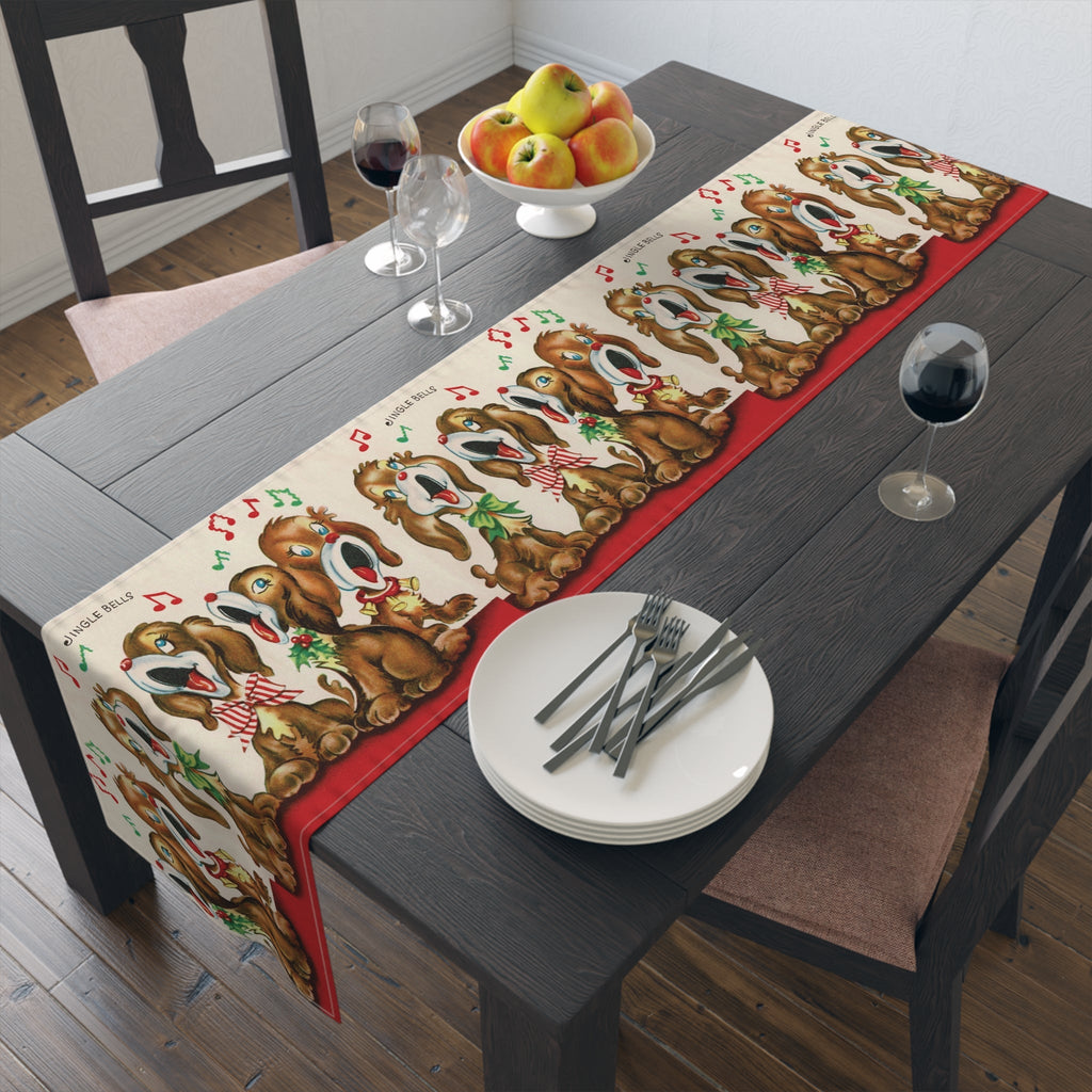 Jingle Bells Christmas Puppies Retro Christmas Print Home Decor Cotton Poly Table Runner