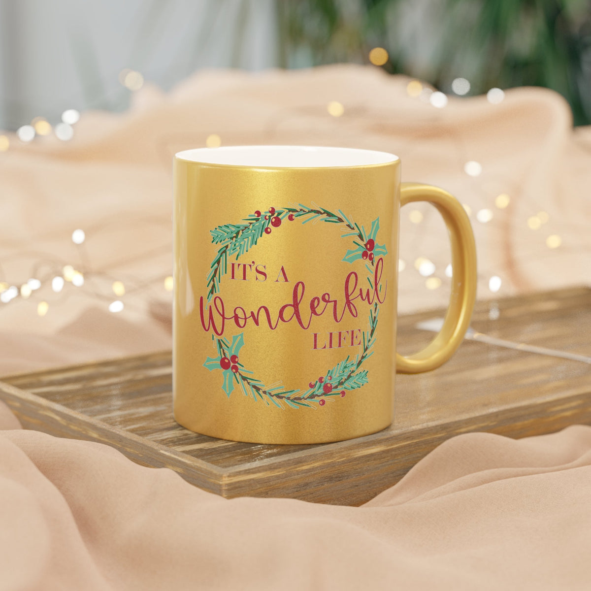 It's A Wonderful Life Wreath Christmas Gold Metallic Mug