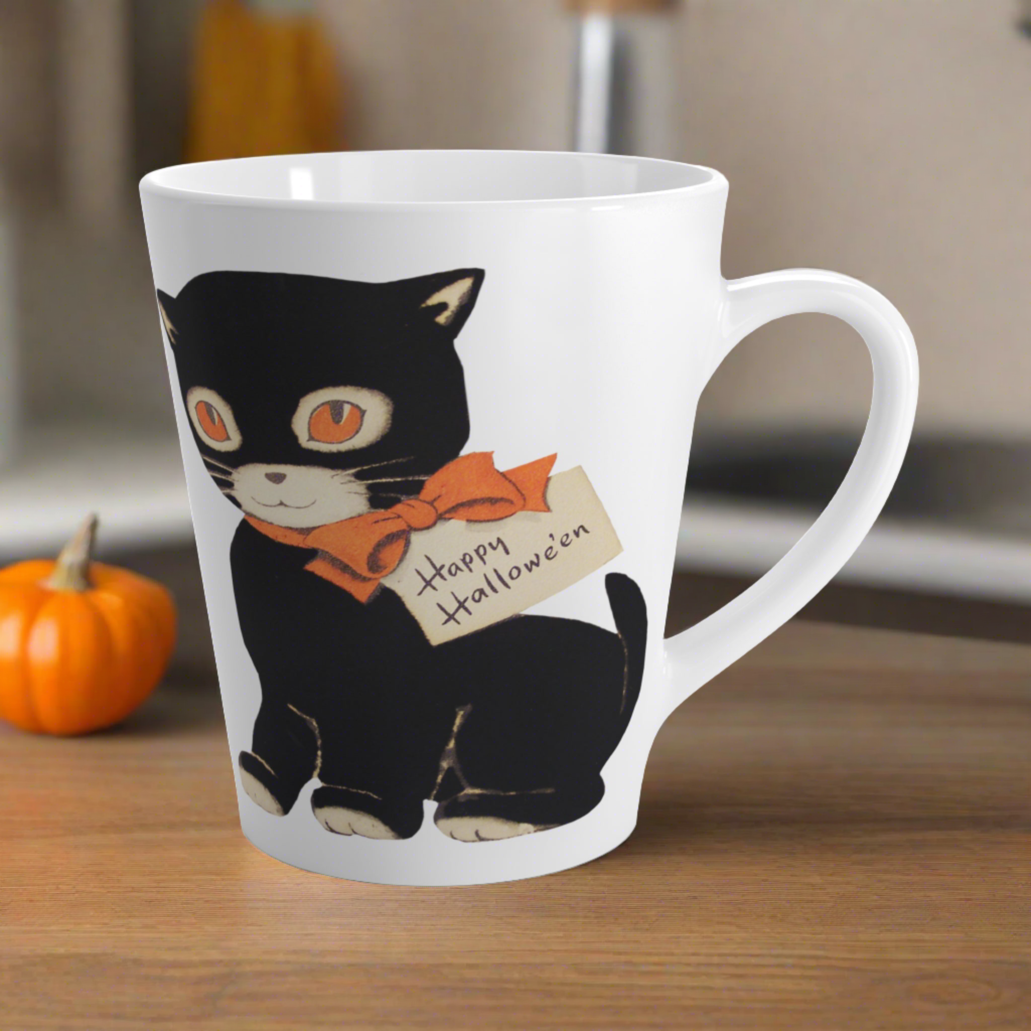 Happy Halloween Black Cat Retro Vintage Halloween Print Latte Coffee Mug