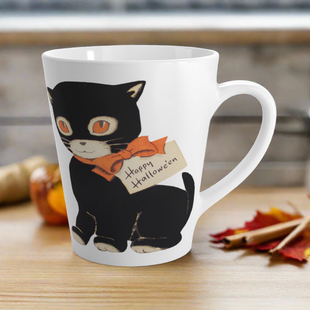 Happy Halloween Black Cat Retro Vintage Halloween Print Latte Coffee Mug