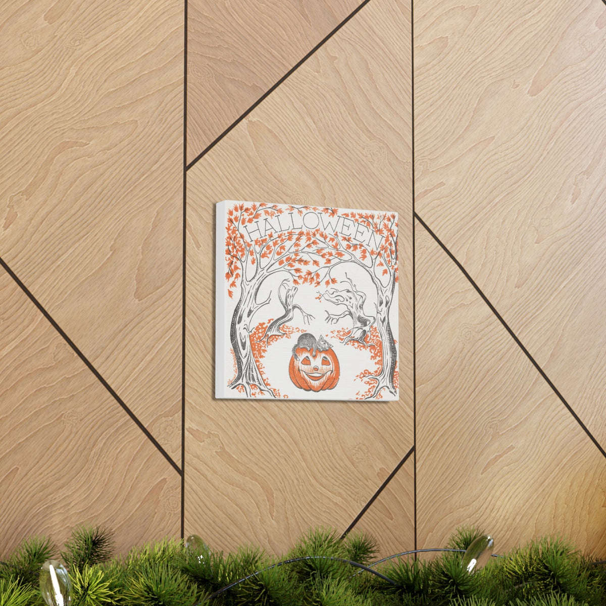 Halloween Trees Black Cat Jack O Lantern Retro Halloween Decor Print Canvas Gallery Wrap