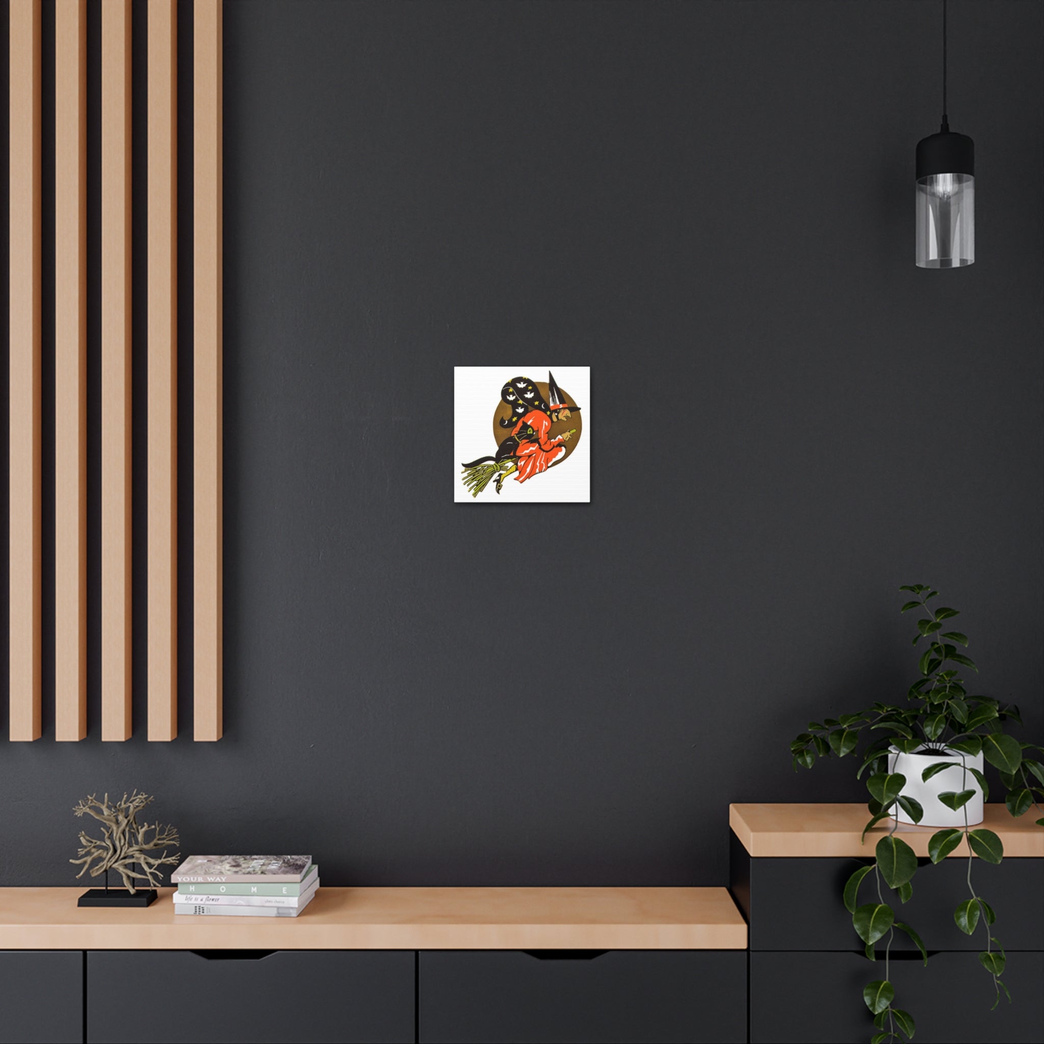 Gold Moon Witch Black Cat Retro Halloween Decor Print Canvas Gallery Wrap