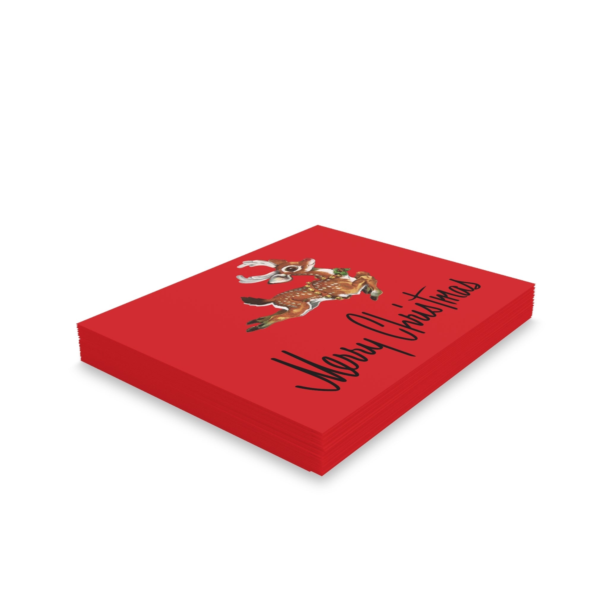 Merry Christmas Leaping Reindeer Mid Century Retro Christmas Print Matte Greeting Cards (8, 16, and 24 pcs)